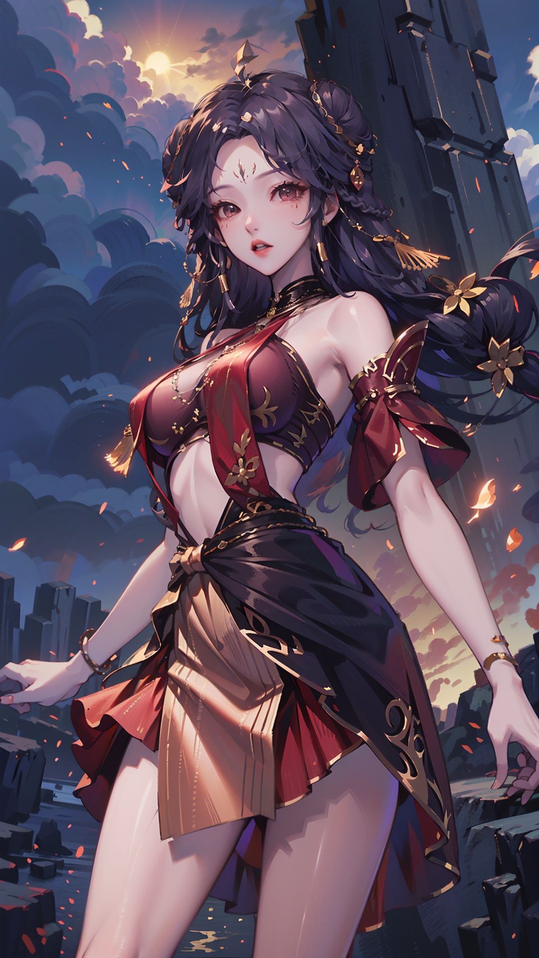  masterpiece,best quality,1girl, long hair, solo, jewelry, red skirt, black hair, hair ornament, facial mark, bare shoulders, cowboy shot, dynamic pose, dynamic angle,