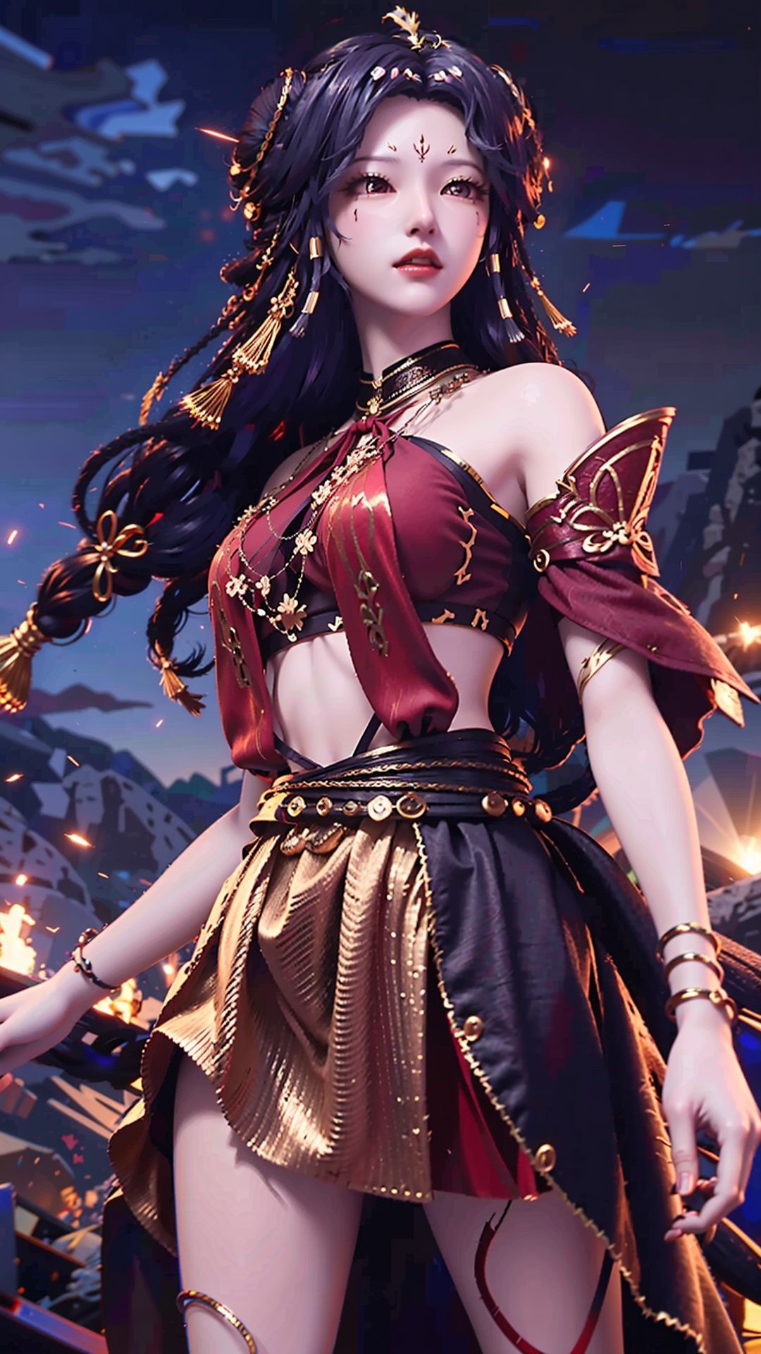  masterpiece,best quality,1girl, long hair, solo, jewelry, red skirt, black hair, hair ornament, facial mark, bare shoulders, cowboy shot, dynamic pose, dynamic angle,