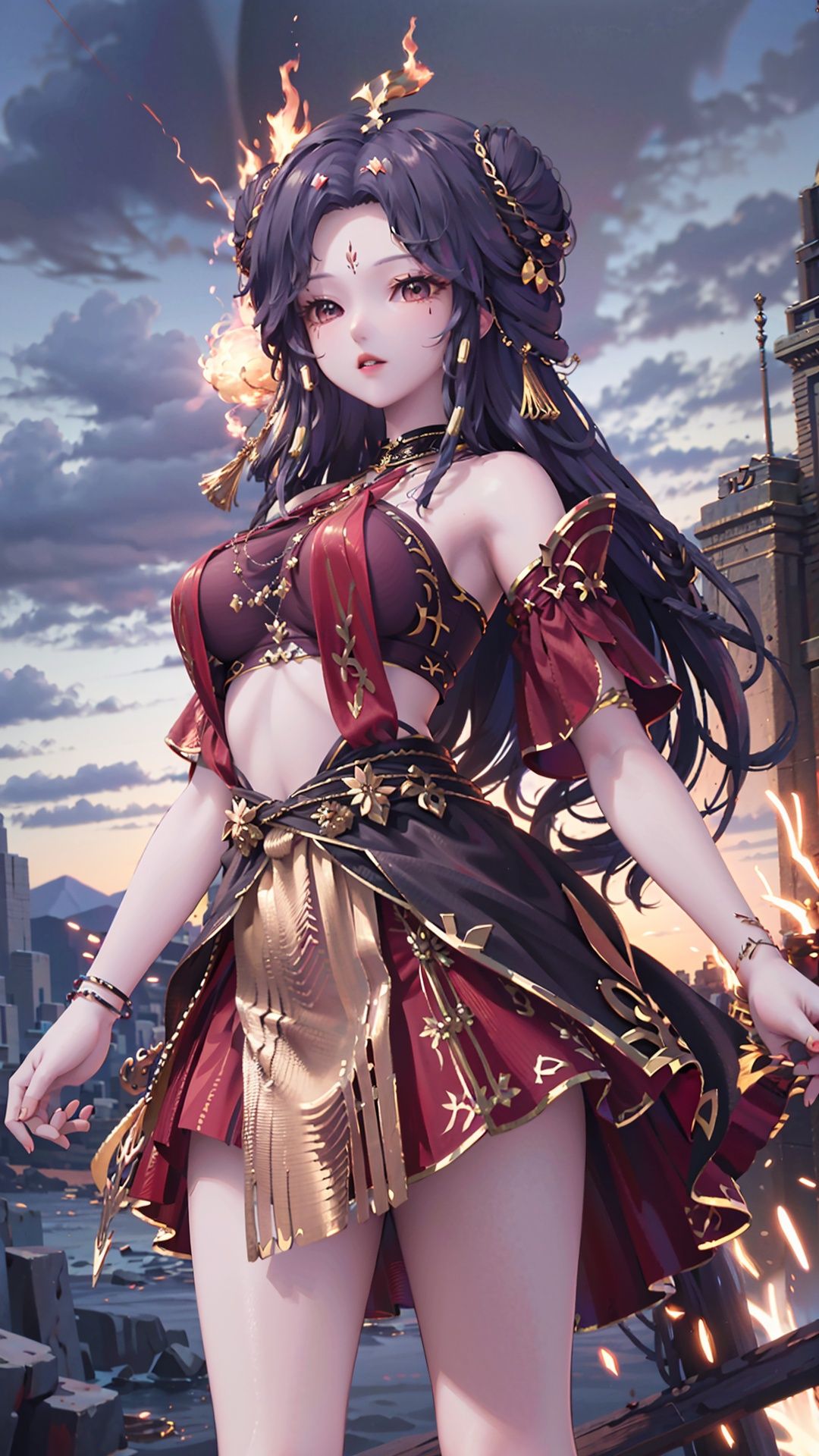  masterpiece,best quality,1girl, long hair, solo, jewelry, red skirt, black hair, hair ornament, facial mark, bare shoulders, cowboy shot, dynamic pose, dynamic angle,