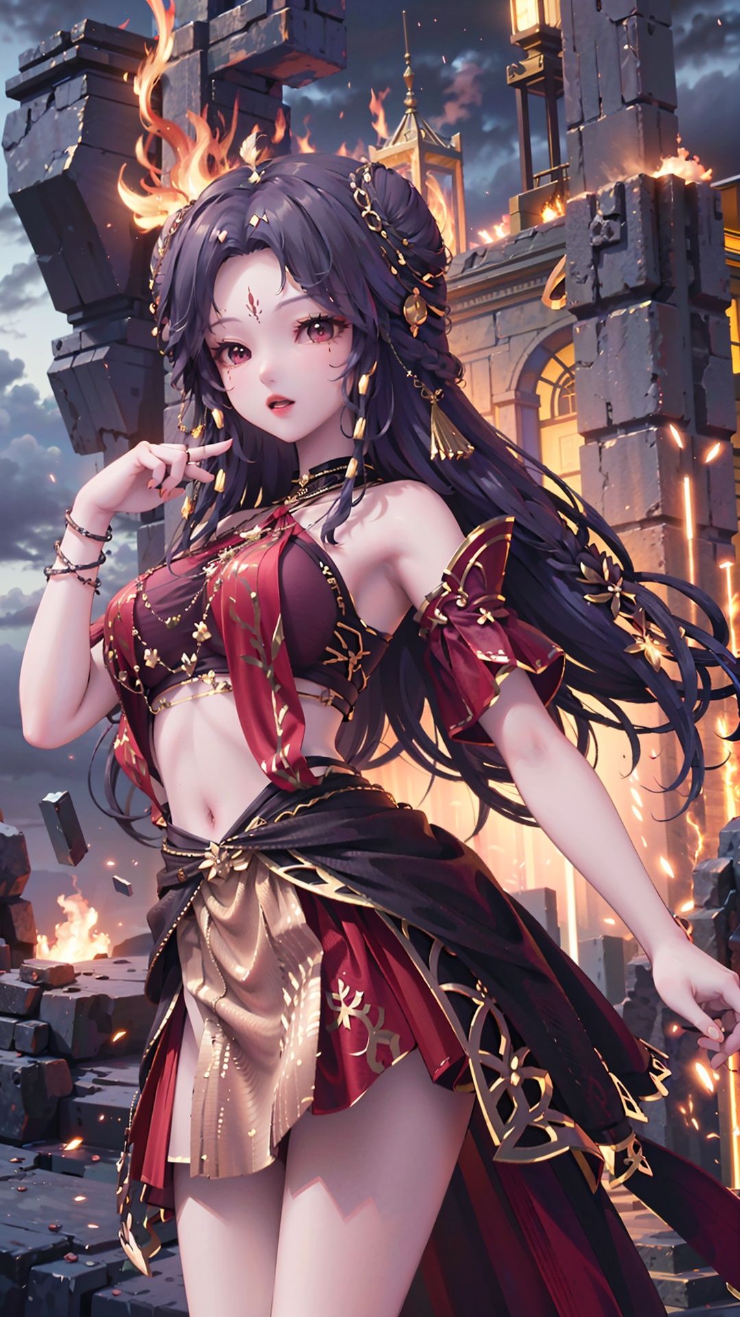  masterpiece,best quality,1girl, long hair, solo, jewelry, red skirt, black hair, hair ornament, facial mark, bare shoulders, cowboy shot, dynamic pose, dynamic angle,