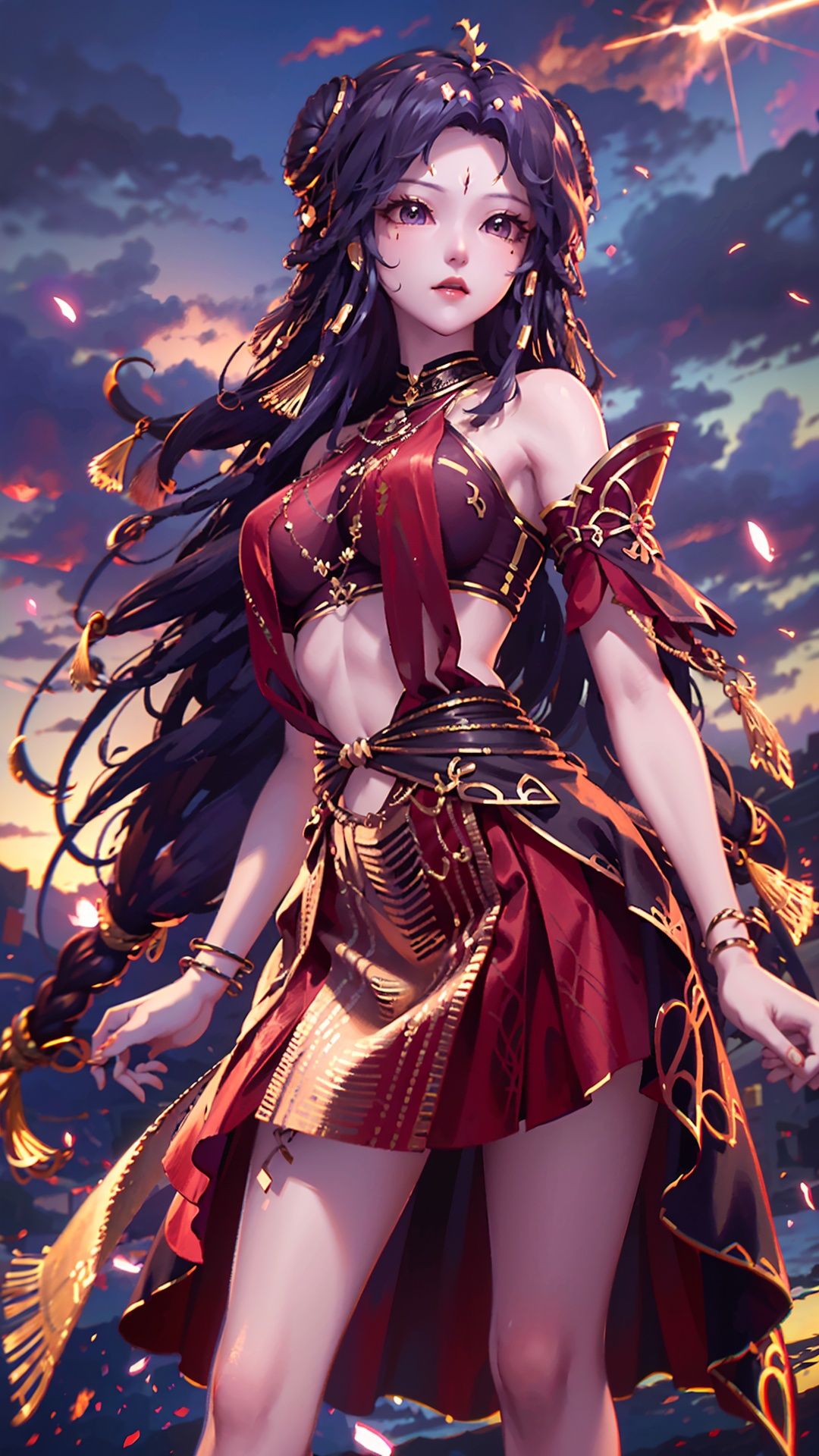  masterpiece,best quality,1girl, long hair, solo, jewelry, red skirt, black hair, hair ornament, facial mark, bare shoulders, cowboy shot, dynamic pose, dynamic angle,