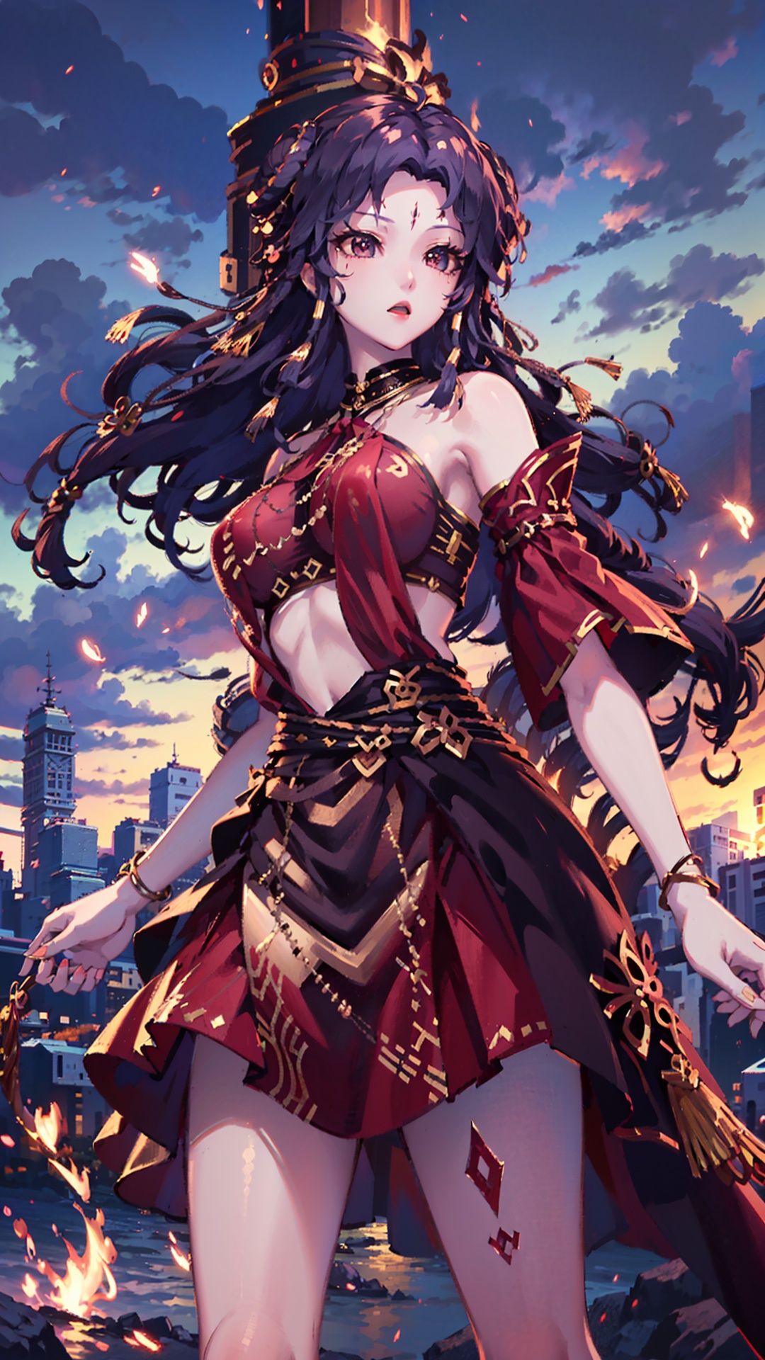  masterpiece,best quality,1girl, long hair, solo, jewelry, red skirt, black hair, hair ornament, facial mark, bare shoulders, cowboy shot, dynamic pose, dynamic angle,