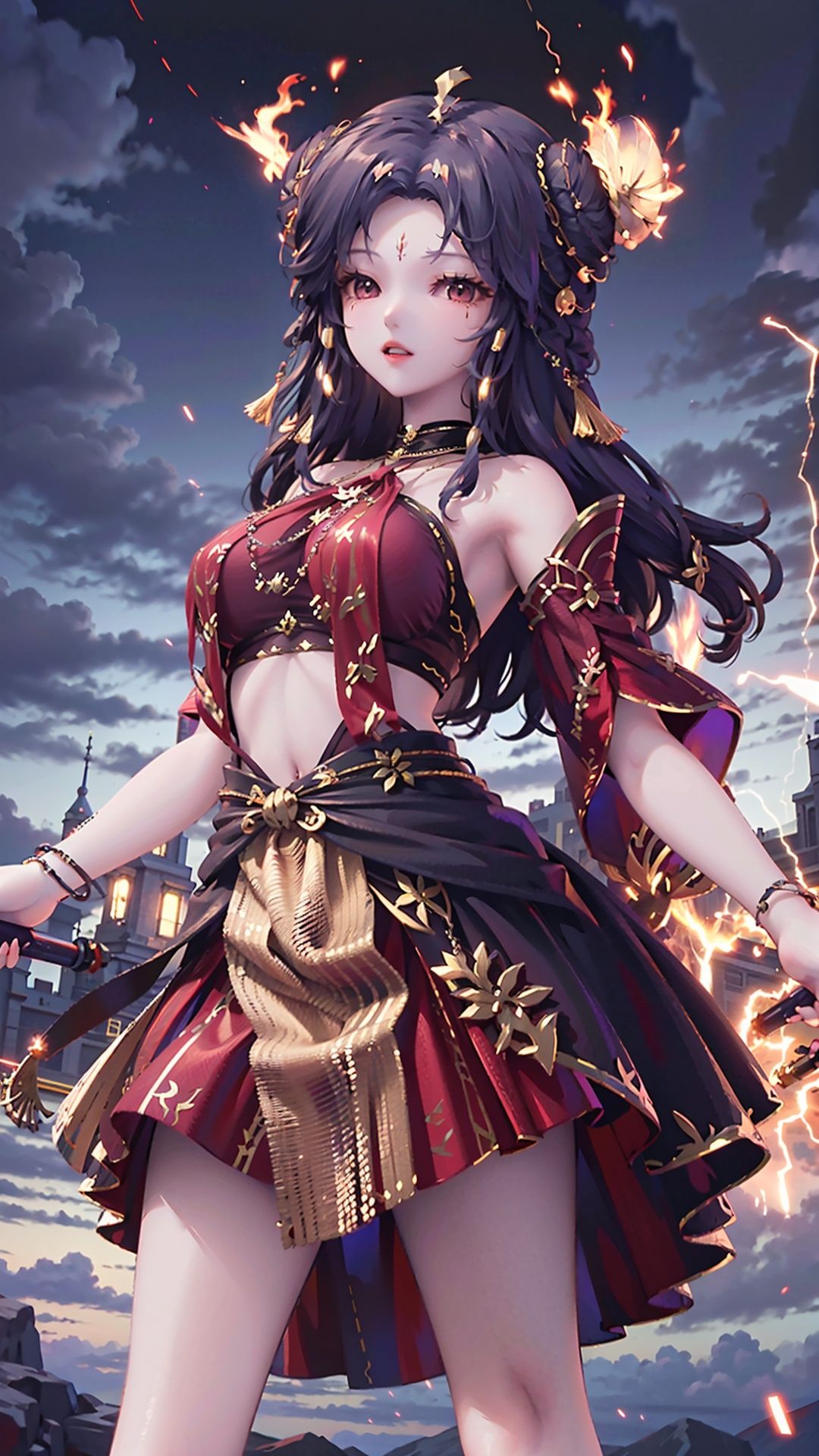  masterpiece,best quality,1girl, long hair, solo, jewelry, red skirt, black hair, hair ornament, facial mark, bare shoulders, cowboy shot, dynamic pose, dynamic angle,