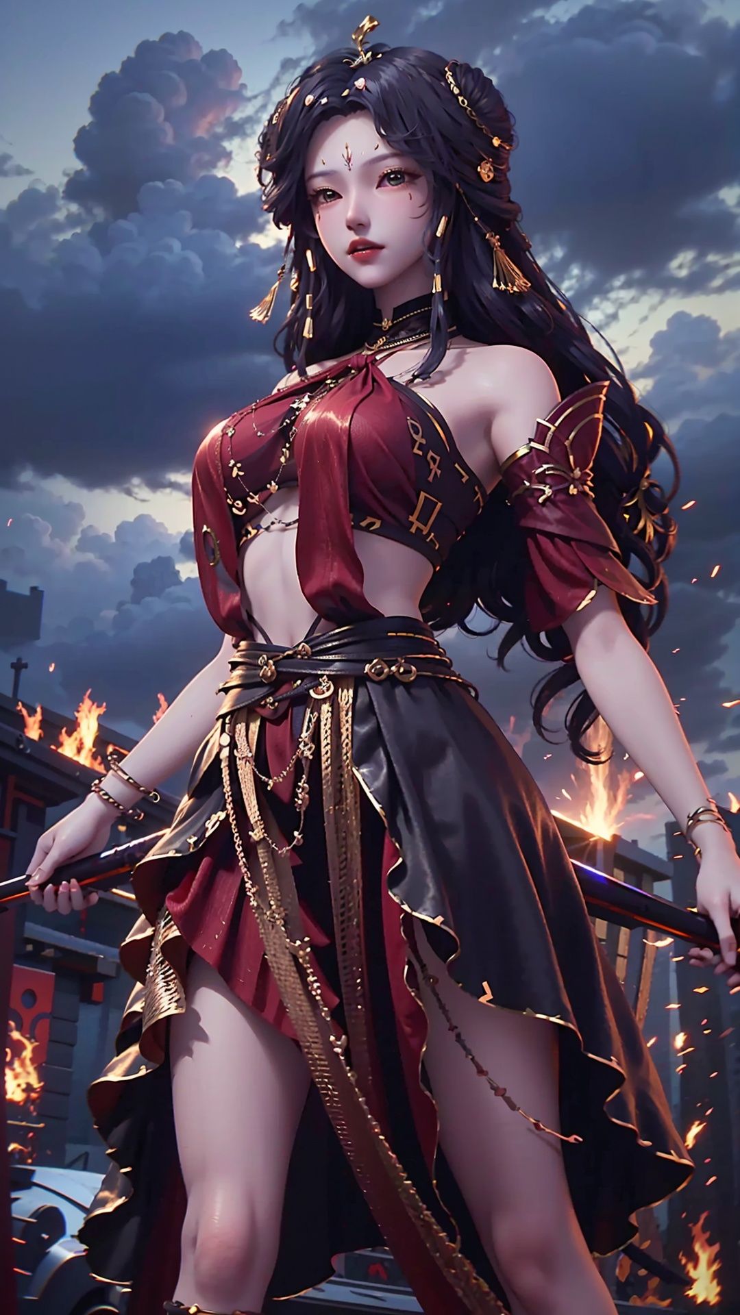  masterpiece,best quality,1girl, long hair, solo, jewelry, red skirt, black hair, hair ornament, facial mark, bare shoulders, cowboy shot, dynamic pose, dynamic angle,