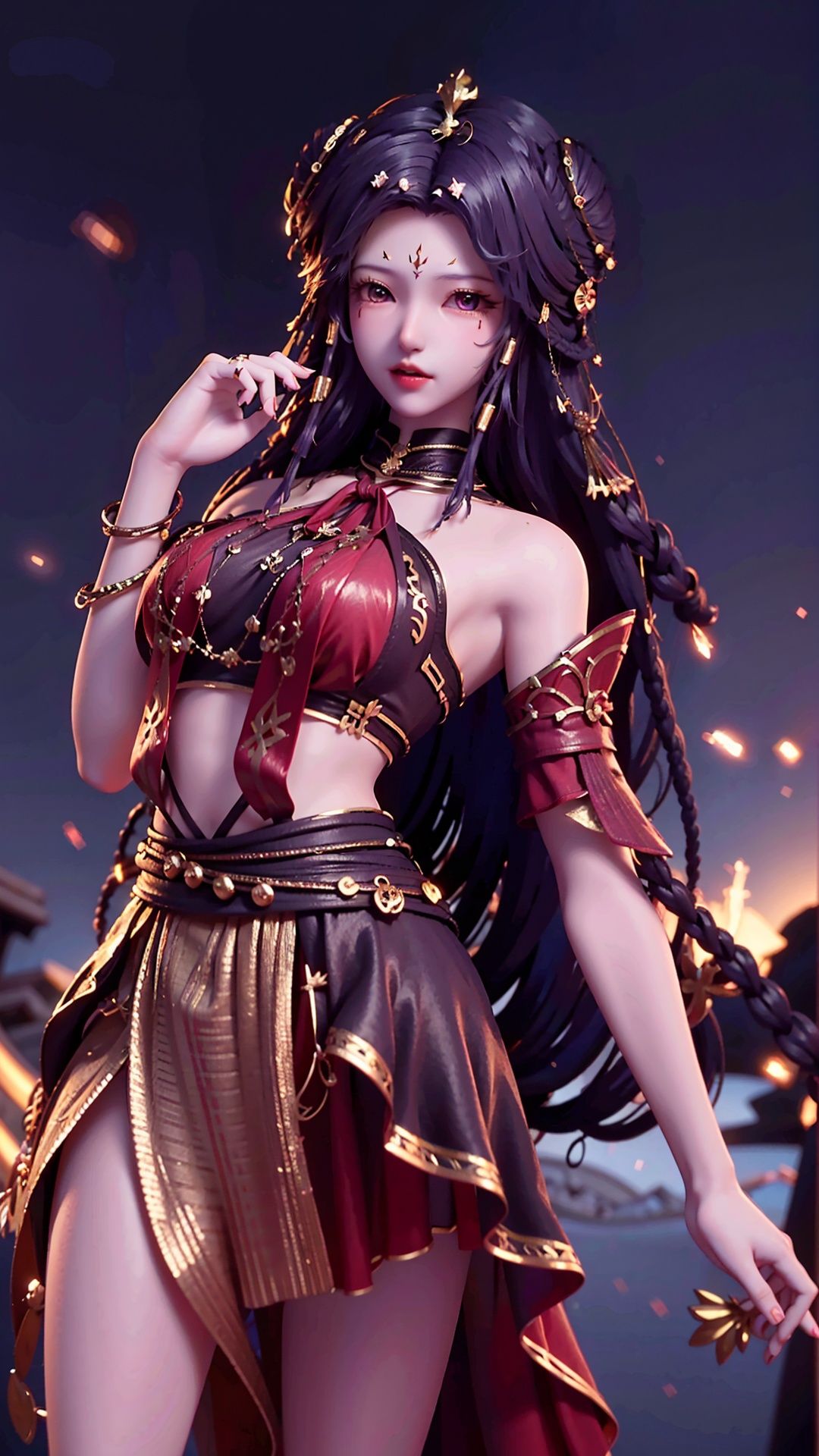  masterpiece,best quality,1girl, long hair, solo, jewelry, red skirt, black hair, hair ornament, facial mark, bare shoulders, cowboy shot, dynamic pose, dynamic angle,