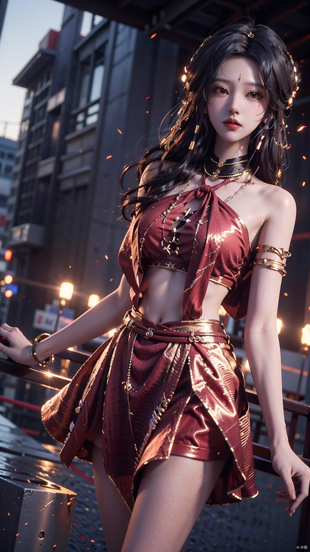  masterpiece,best quality,1girl, long hair, solo, jewelry, red skirt, black hair, hair ornament, facial mark, bare shoulders, cowboy shot, dynamic pose, dynamic angle,