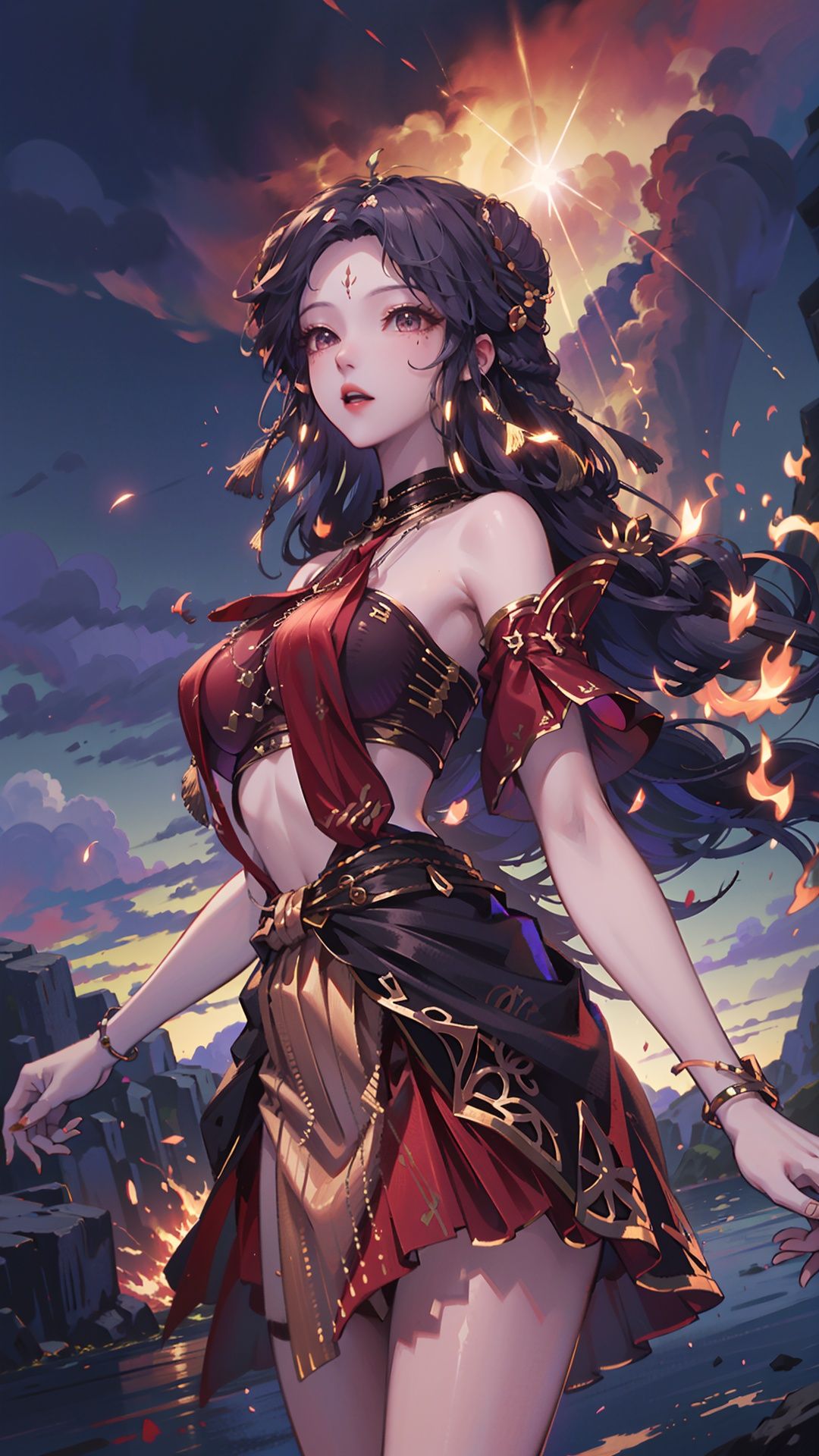  masterpiece,best quality,1girl, long hair, solo, jewelry, red skirt, black hair, hair ornament, facial mark, bare shoulders, cowboy shot, dynamic pose, dynamic angle,