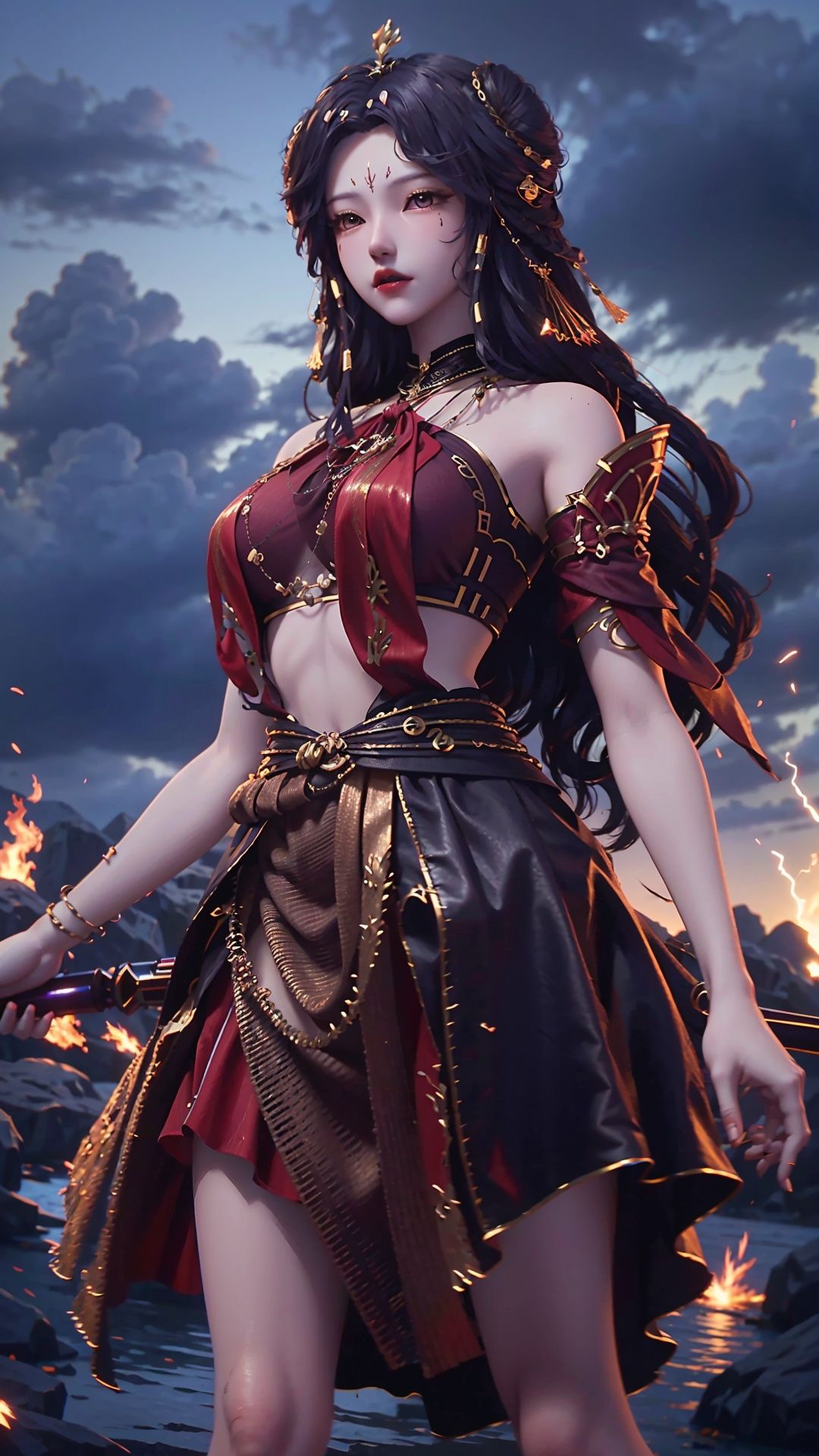  masterpiece,best quality,1girl, long hair, solo, jewelry, red skirt, black hair, hair ornament, facial mark, bare shoulders, cowboy shot, dynamic pose, dynamic angle,