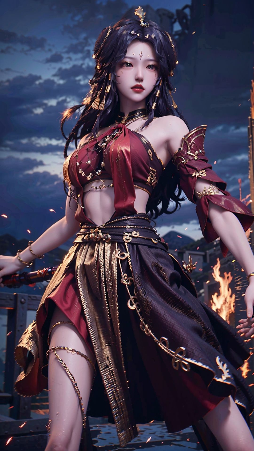  masterpiece,best quality,1girl, long hair, solo, jewelry, red skirt, black hair, hair ornament, facial mark, bare shoulders, cowboy shot, dynamic pose, dynamic angle,