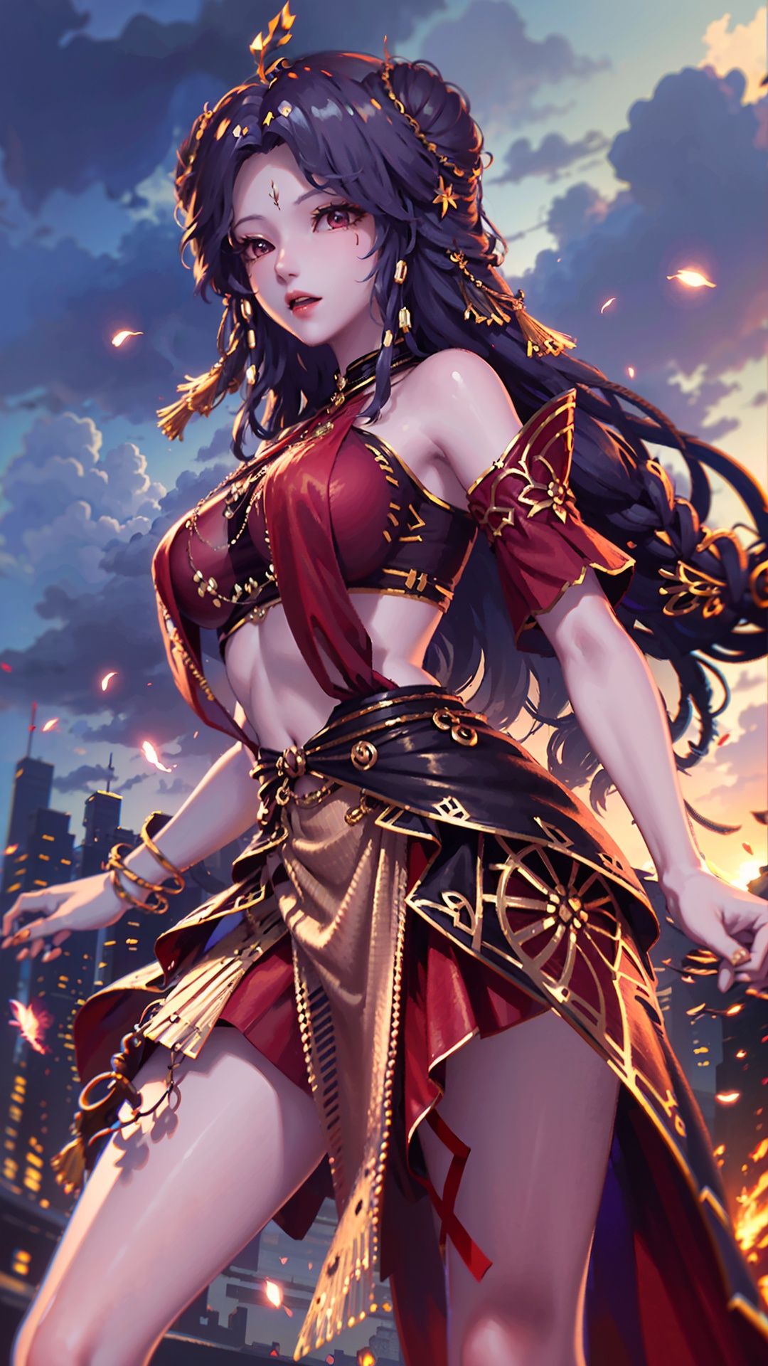  masterpiece,best quality,1girl, long hair, solo, jewelry, red skirt, black hair, hair ornament, facial mark, bare shoulders, cowboy shot, dynamic pose, dynamic angle,