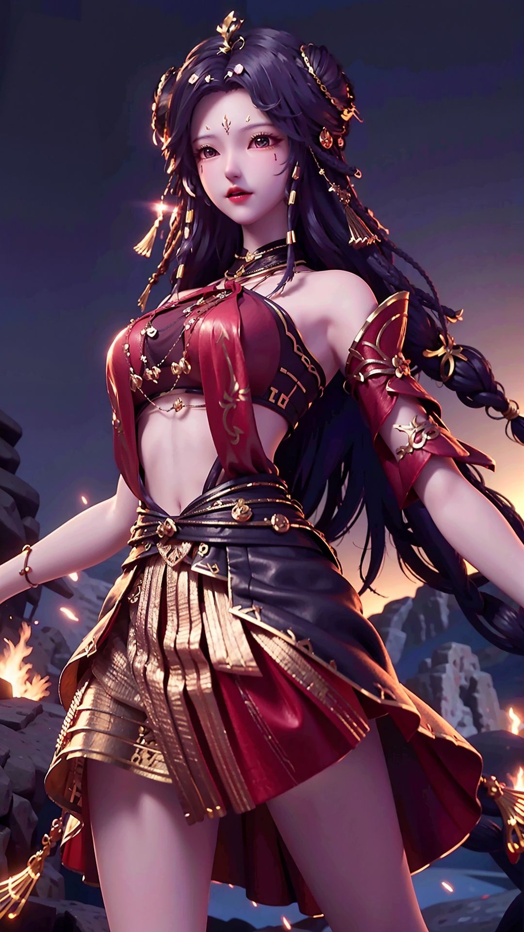  masterpiece,best quality,1girl, long hair, solo, jewelry, red skirt, black hair, hair ornament, facial mark, bare shoulders, cowboy shot, dynamic pose, dynamic angle,