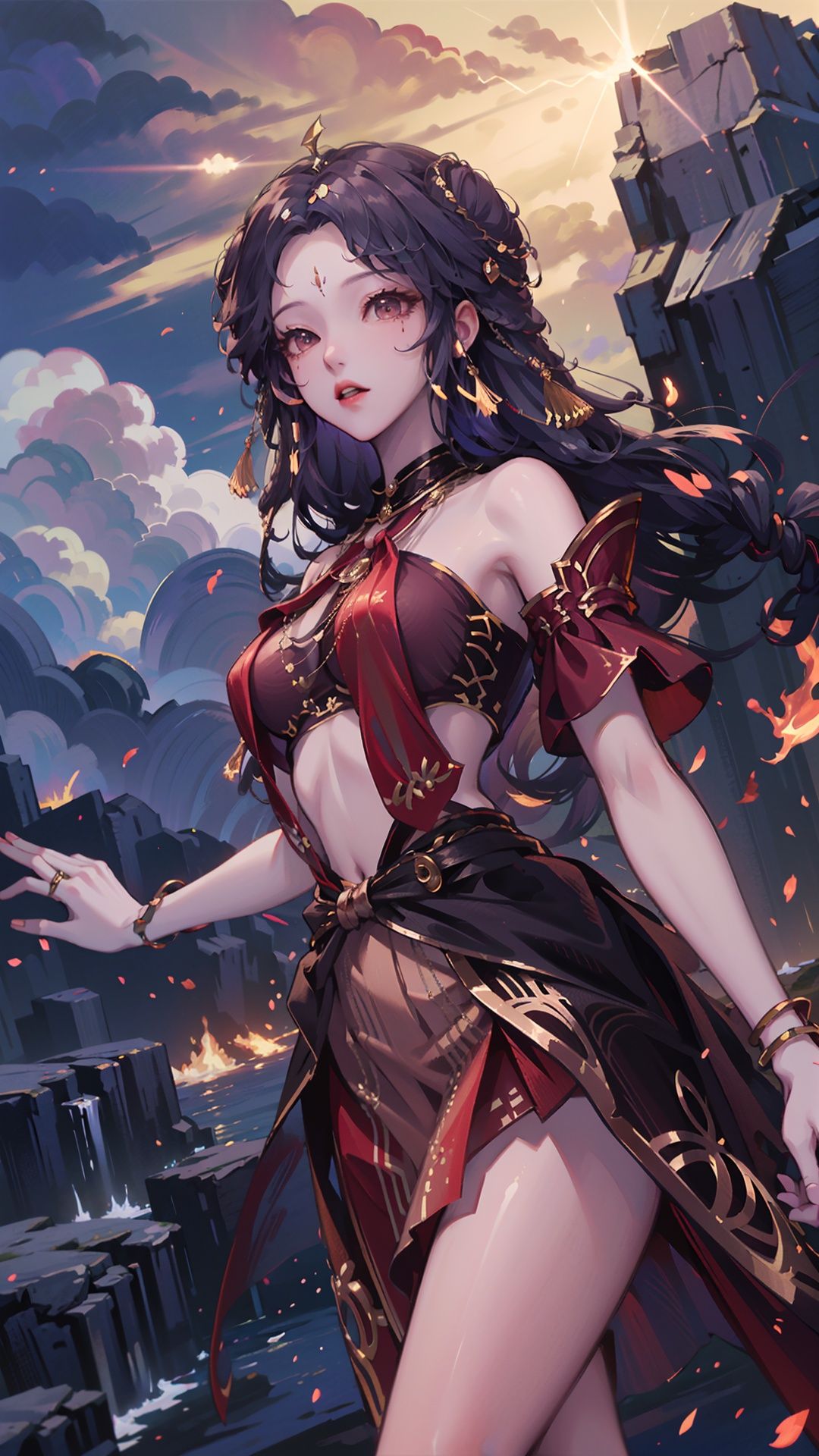  masterpiece,best quality,1girl, long hair, solo, jewelry, red skirt, black hair, hair ornament, facial mark, bare shoulders, cowboy shot, dynamic pose, dynamic angle,
