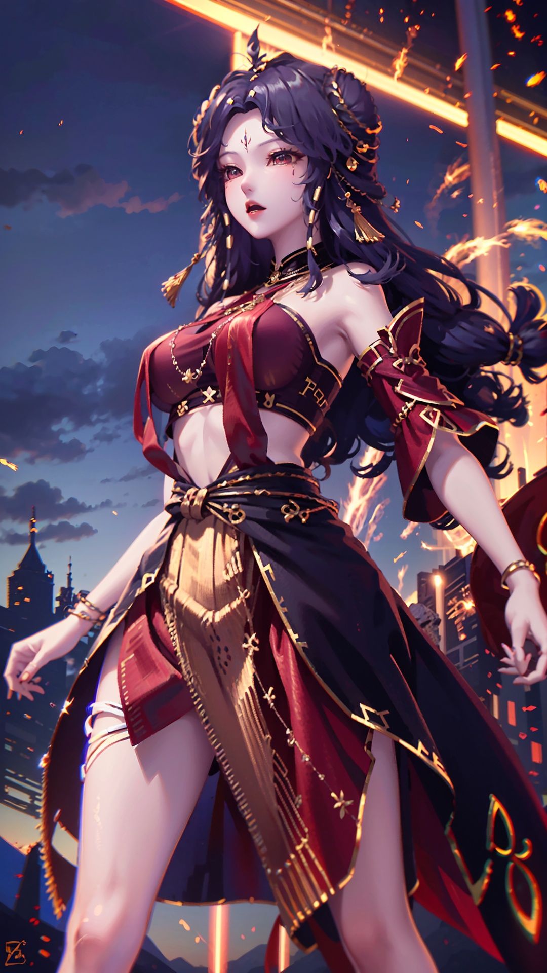  masterpiece,best quality,1girl, long hair, solo, jewelry, red skirt, black hair, hair ornament, facial mark, bare shoulders, cowboy shot, dynamic pose, dynamic angle,