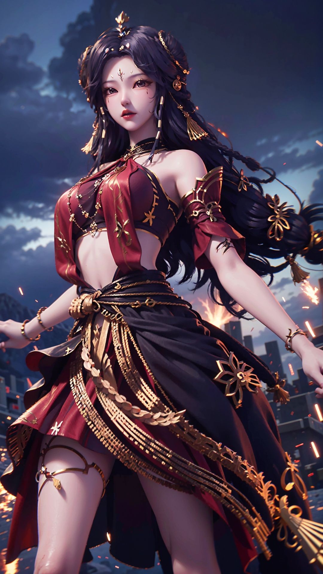  masterpiece,best quality,1girl, long hair, solo, jewelry, red skirt, black hair, hair ornament, facial mark, bare shoulders, cowboy shot, dynamic pose, dynamic angle,