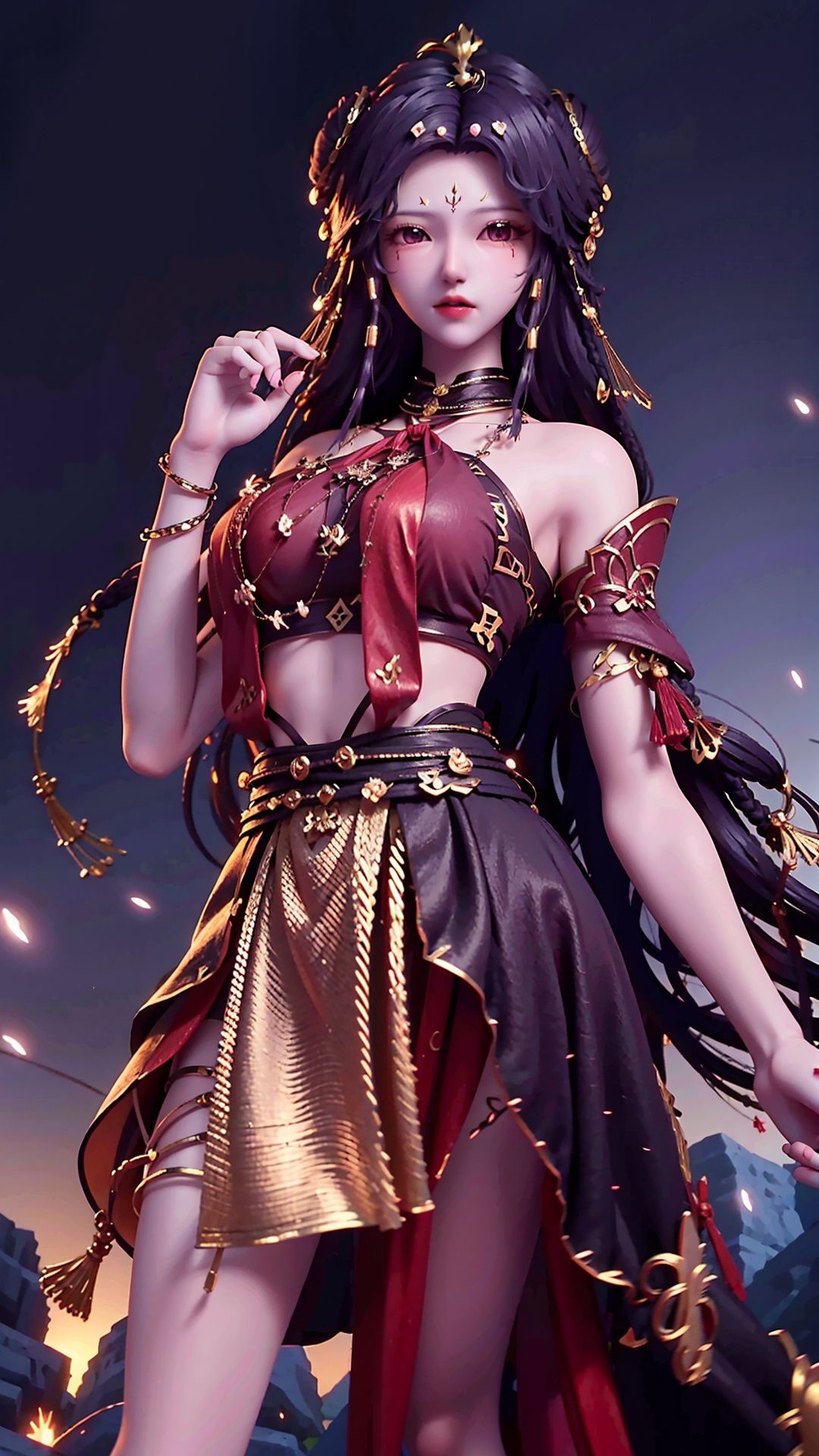  masterpiece,best quality,1girl, long hair, solo, jewelry, red skirt, black hair, hair ornament, facial mark, bare shoulders, cowboy shot, dynamic pose, dynamic angle,