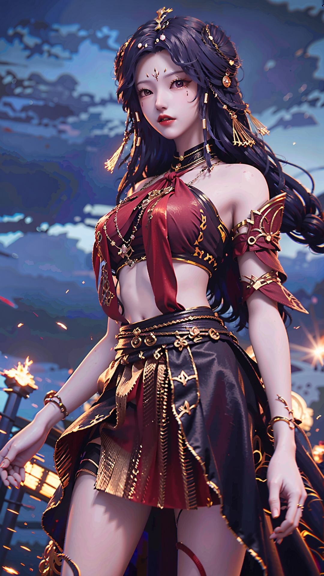  masterpiece,best quality,1girl, long hair, solo, jewelry, red skirt, black hair, hair ornament, facial mark, bare shoulders, cowboy shot, dynamic pose, dynamic angle,