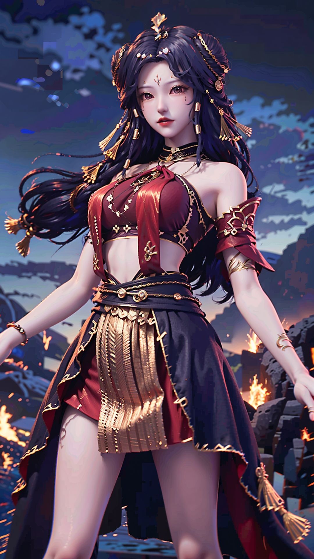  masterpiece,best quality,1girl, long hair, solo, jewelry, red skirt, black hair, hair ornament, facial mark, bare shoulders, cowboy shot, dynamic pose, dynamic angle,