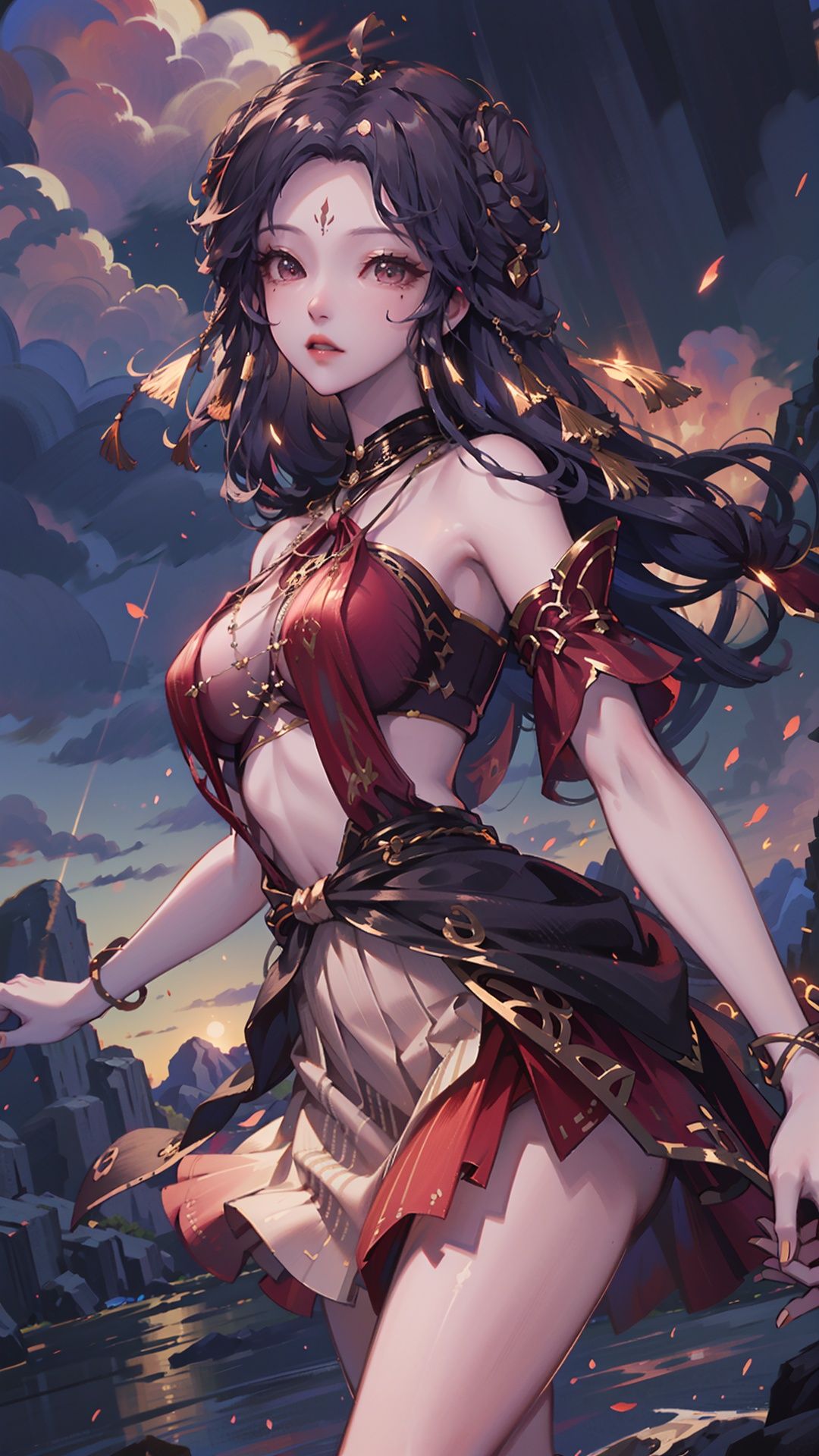  masterpiece,best quality,1girl, long hair, solo, jewelry, red skirt, black hair, hair ornament, facial mark, bare shoulders, cowboy shot, dynamic pose, dynamic angle,