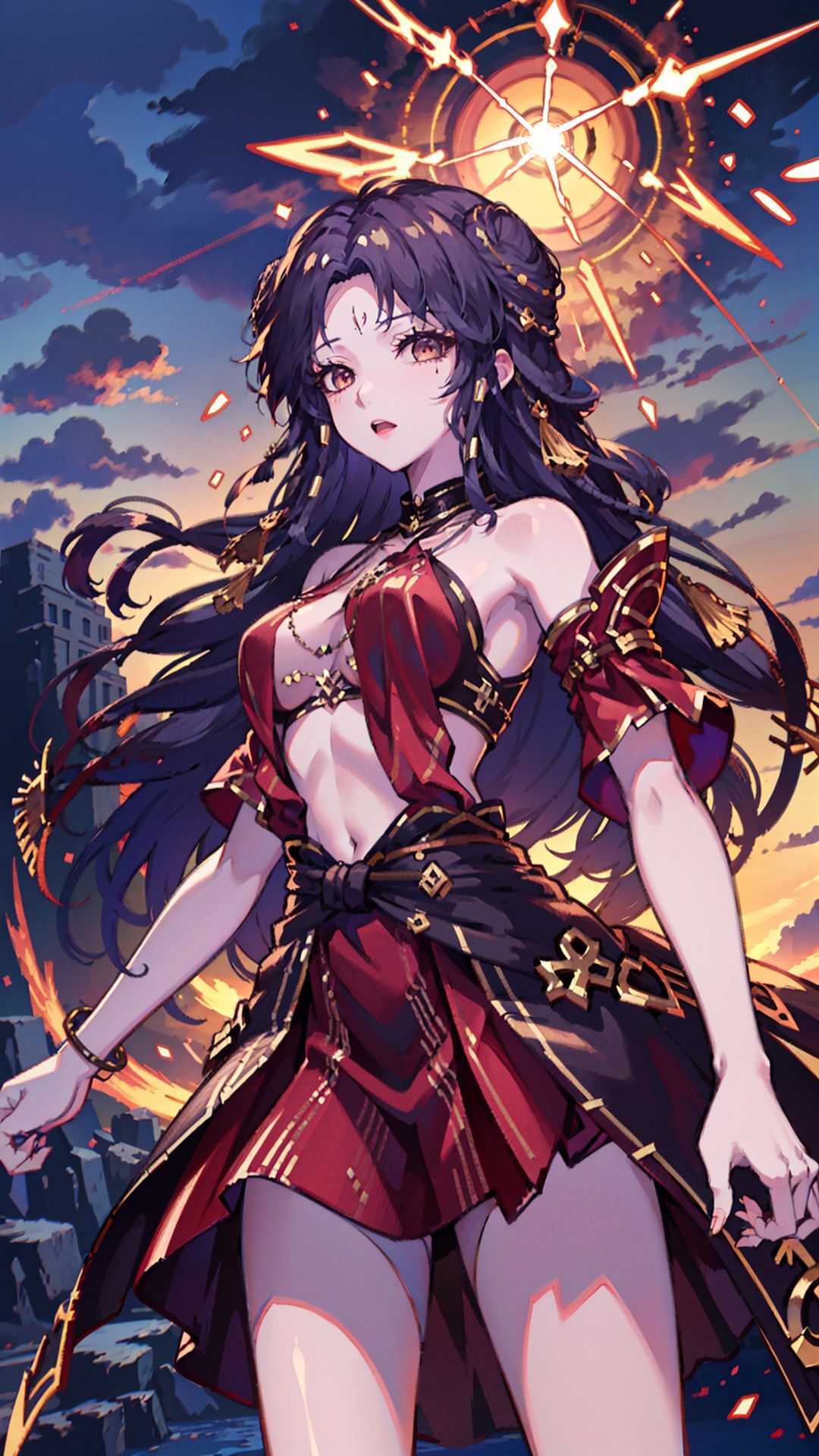  masterpiece,best quality,1girl, long hair, solo, jewelry, red skirt, black hair, hair ornament, facial mark, bare shoulders, cowboy shot, dynamic pose, dynamic angle,
