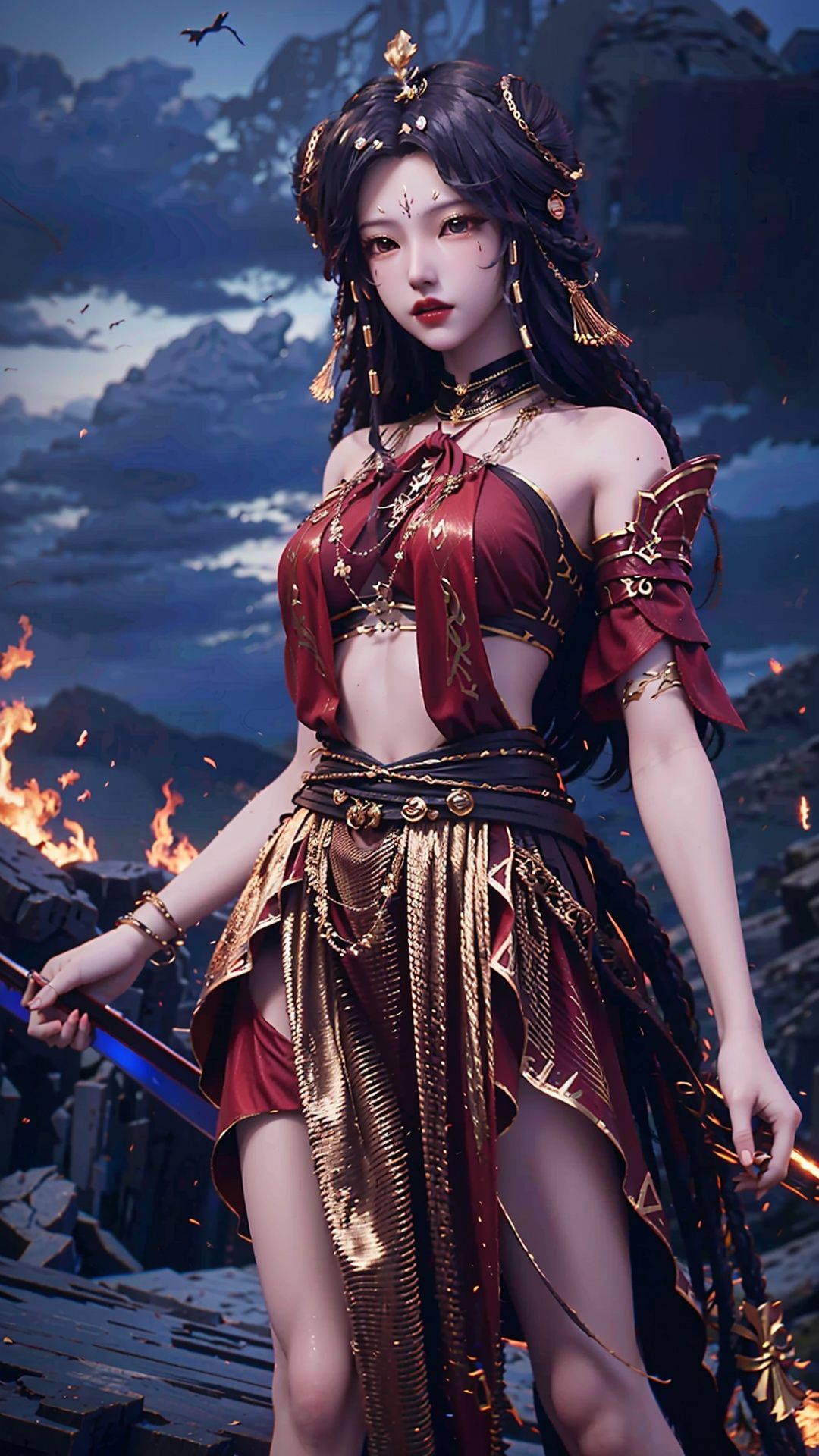  masterpiece,best quality,1girl, long hair, solo, jewelry, red skirt, black hair, hair ornament, facial mark, bare shoulders, cowboy shot, dynamic pose, dynamic angle,