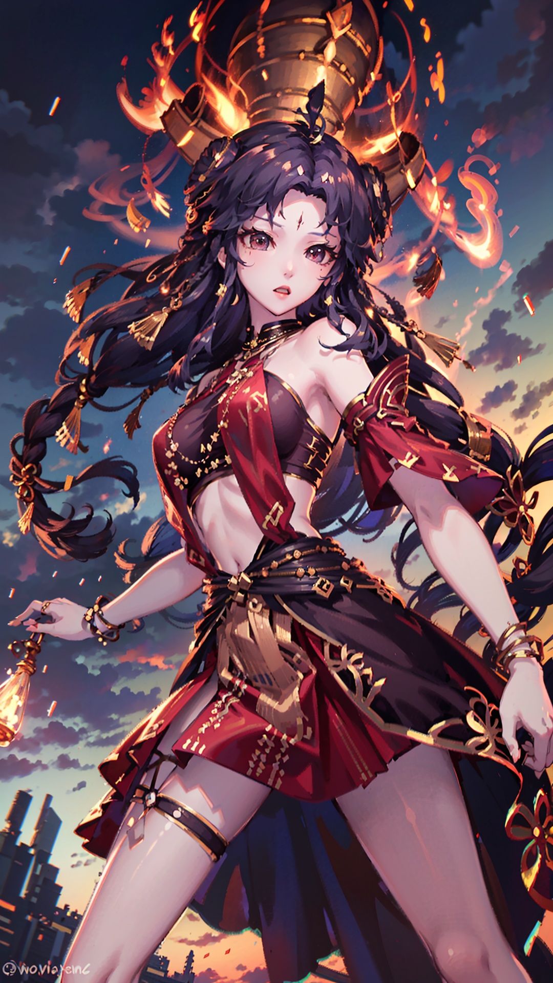  masterpiece,best quality,1girl, long hair, solo, jewelry, red skirt, black hair, hair ornament, facial mark, bare shoulders, cowboy shot, dynamic pose, dynamic angle,