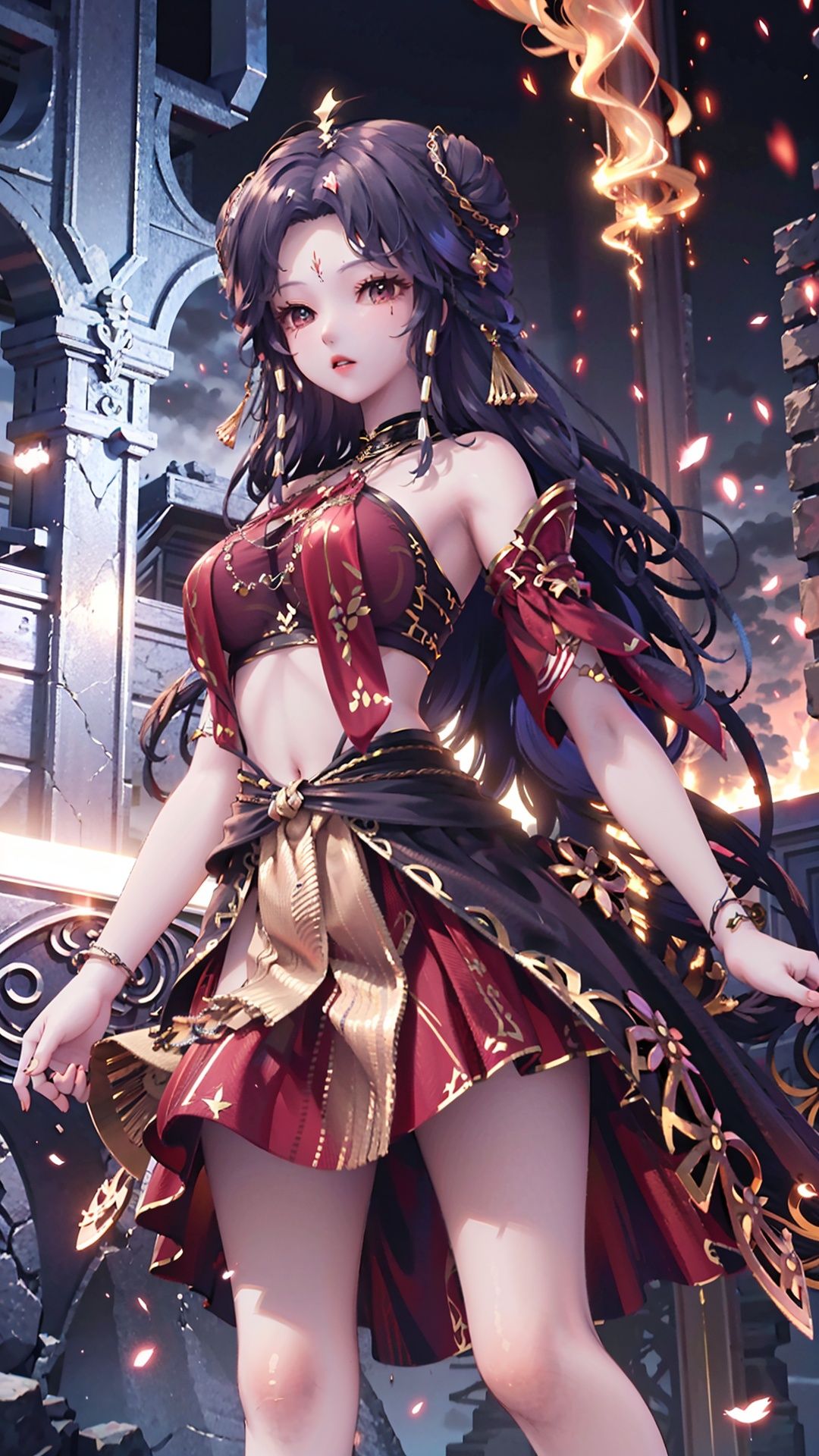  masterpiece,best quality,1girl, long hair, solo, jewelry, red skirt, black hair, hair ornament, facial mark, bare shoulders, cowboy shot, dynamic pose, dynamic angle,