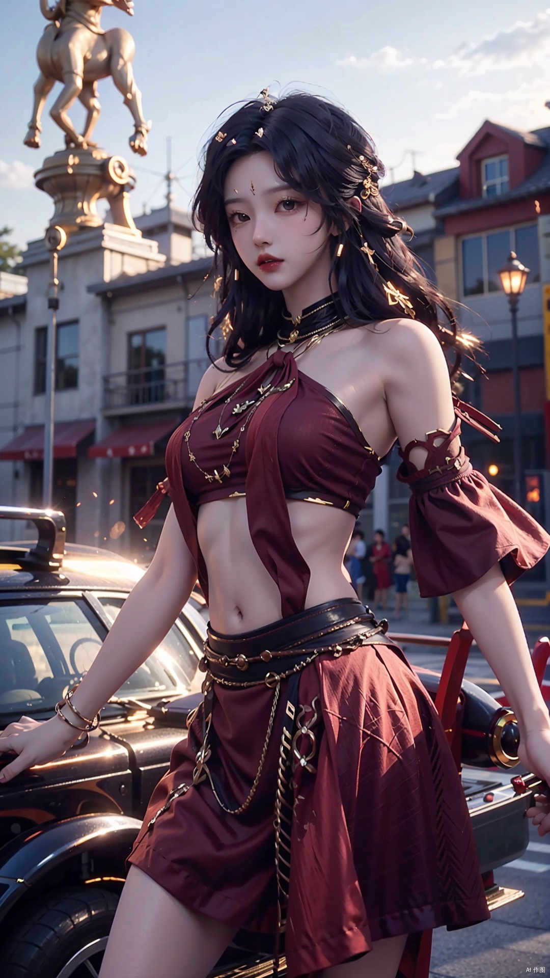  masterpiece,best quality,1girl, long hair, solo, jewelry, red skirt, black hair, hair ornament, facial mark, bare shoulders, cowboy shot, dynamic pose, dynamic angle,