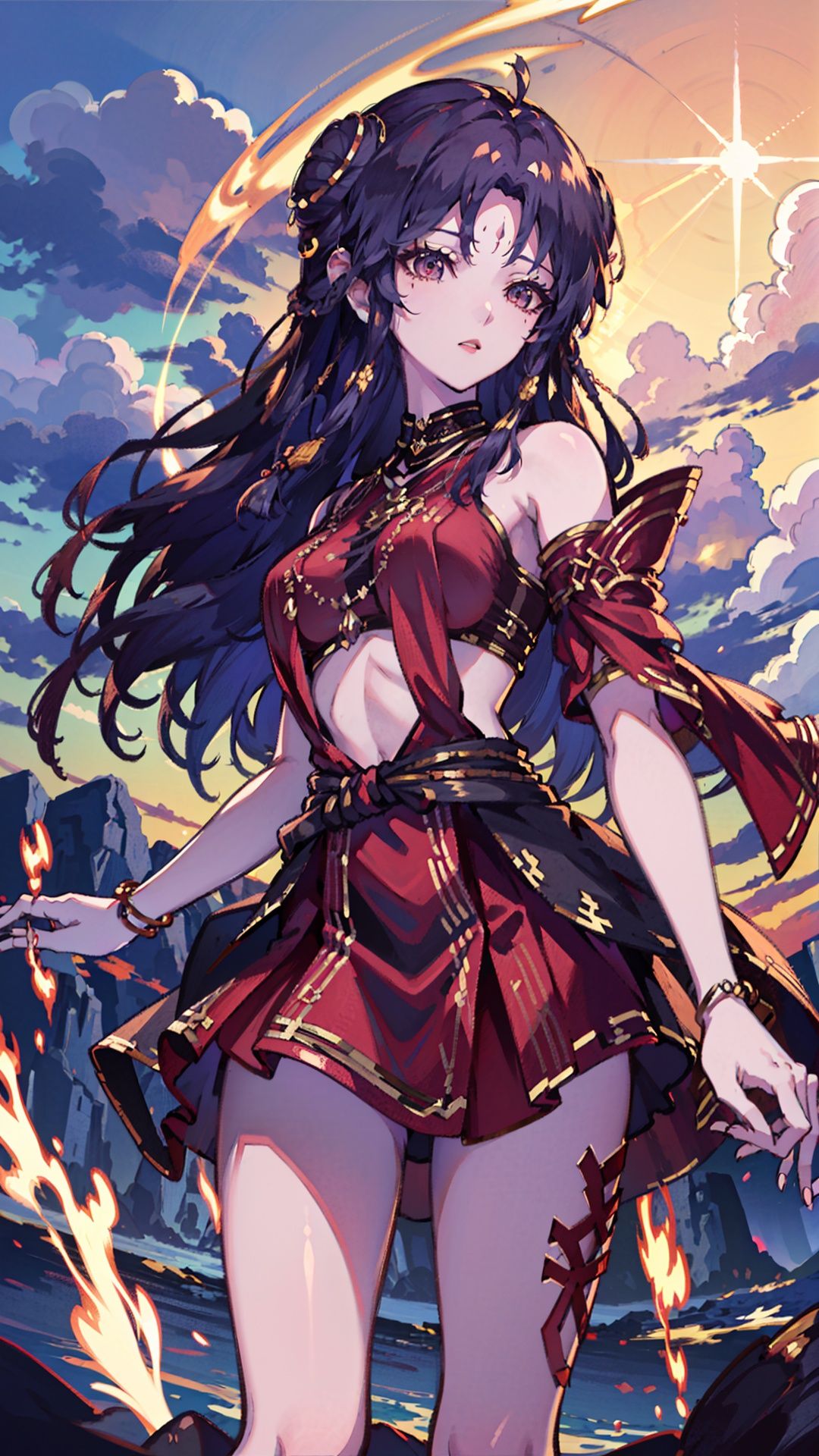  masterpiece,best quality,1girl, long hair, solo, jewelry, red skirt, black hair, hair ornament, facial mark, bare shoulders, cowboy shot, dynamic pose, dynamic angle,