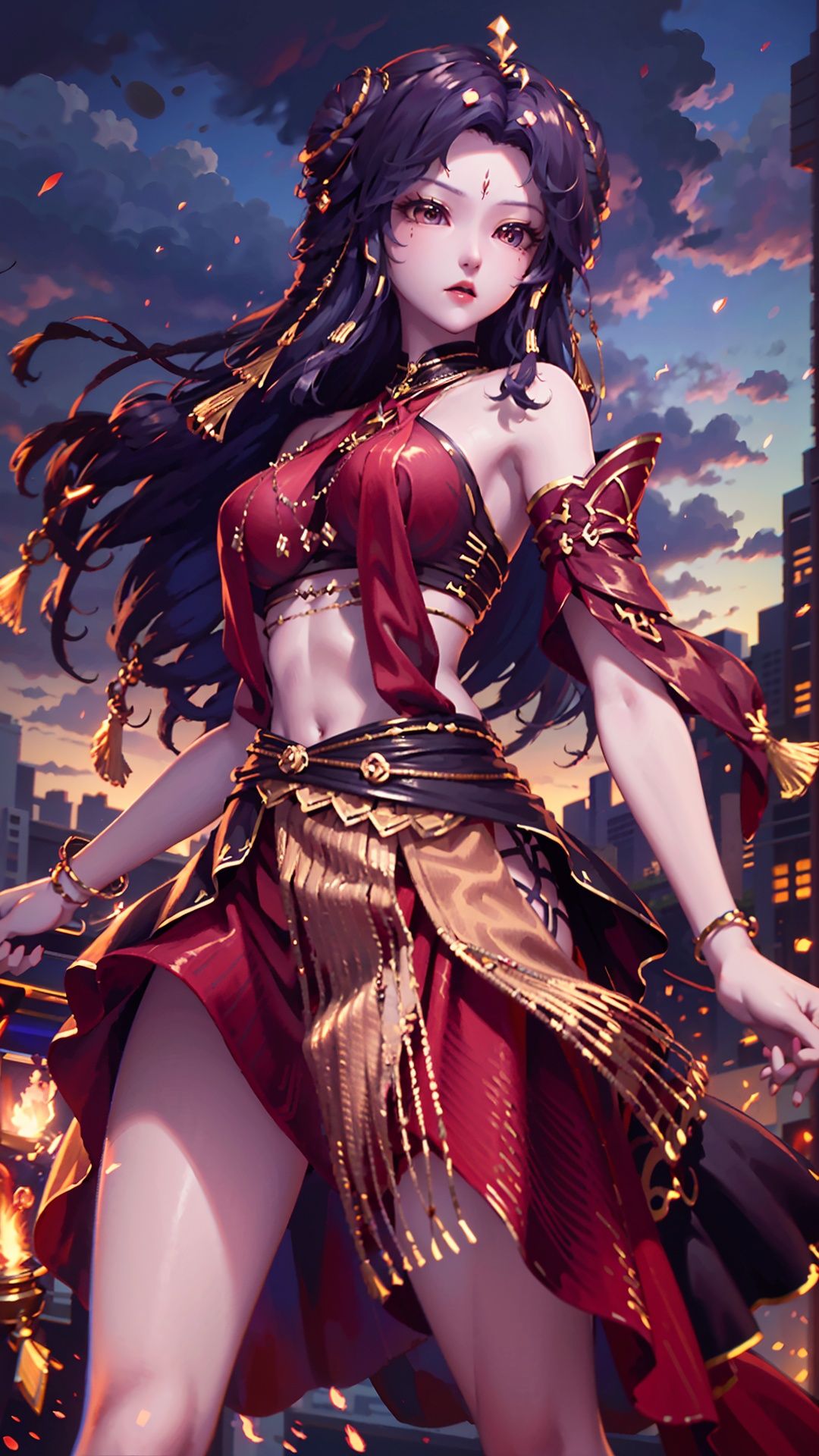  masterpiece,best quality,1girl, long hair, solo, jewelry, red skirt, black hair, hair ornament, facial mark, bare shoulders, cowboy shot, dynamic pose, dynamic angle,