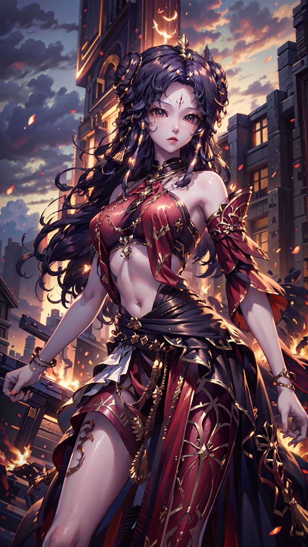  masterpiece,best quality,1girl, long hair, solo, jewelry, red skirt, black hair, hair ornament, facial mark, bare shoulders, cowboy shot, dynamic pose, dynamic angle,