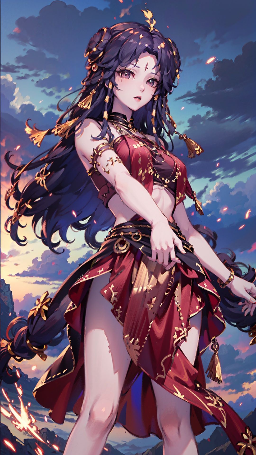  masterpiece,best quality,1girl, long hair, solo, jewelry, red skirt, black hair, hair ornament, facial mark, bare shoulders, cowboy shot, dynamic pose, dynamic angle,