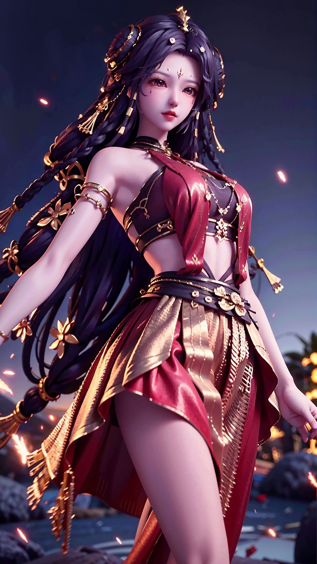  masterpiece,best quality,1girl, long hair, solo, jewelry, red skirt, black hair, hair ornament, facial mark, bare shoulders, cowboy shot, dynamic pose, dynamic angle,