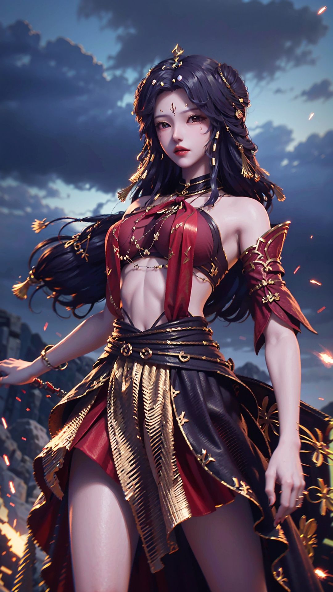  masterpiece,best quality,1girl, long hair, solo, jewelry, red skirt, black hair, hair ornament, facial mark, bare shoulders, cowboy shot, dynamic pose, dynamic angle,