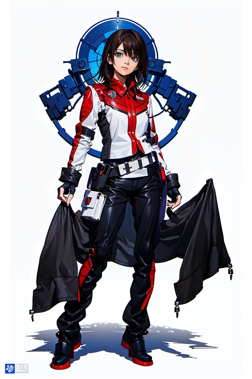  (masterpiece:1.3), (the best quality:1.2), (super fine illustrations:1.2), (Masterpiece), high quality, high detail,((white background:1.2)), looking at viewer, (SOLO:1.4),outline,,simple background,zipper, holster, jacket,gloves,fingerless gloves,helmet,uniform,armor, pants,logo,military uniform,emblem,boots,belt, zipper