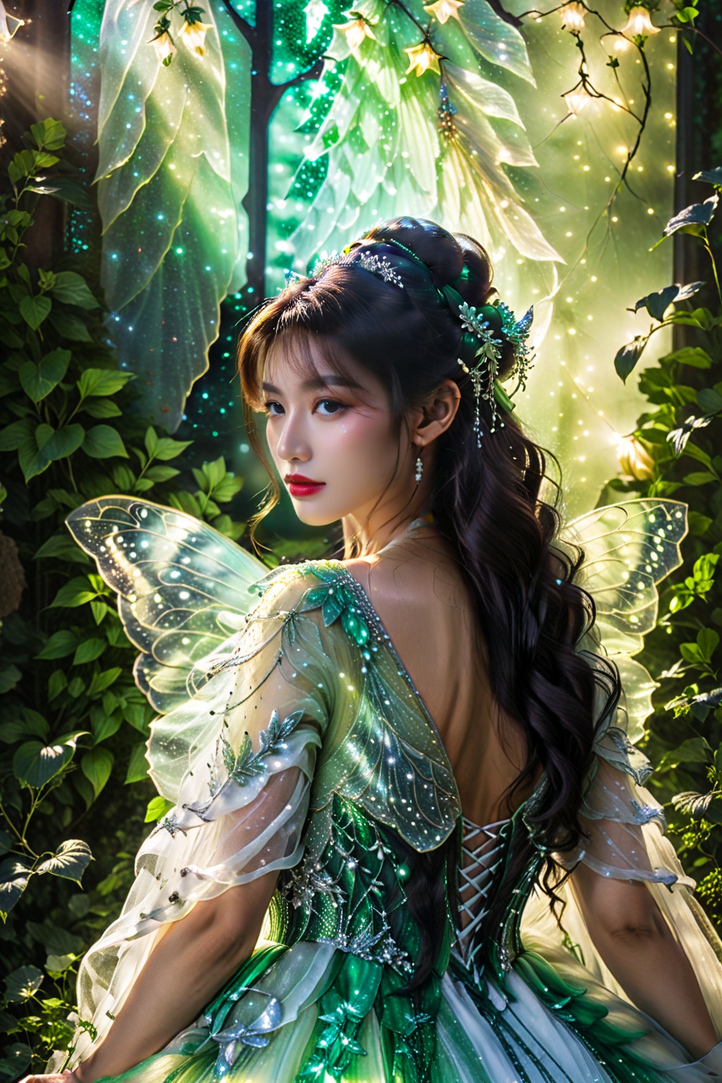 masterpiece, ((fantasy)1.5 photography, high-quality imagery), (((Fairy))),Story, bride posing under a fairy tale, elaborate scene style, glitter, green, realistic style, 8k,exposure blend, medium shot, bokeh, (hdr:1.4), high contrast, (cinematic, green and white film), (muted colors, dim colors, soothing tones:1.3), low saturation, (hyperdetailed:1.2), (noir:0.4), (natural skin, skin pores, detailed skin), (intricate, vibrant, dramatic, sharp focus, dslr, Fujifilm XT3), bioluminescent dress