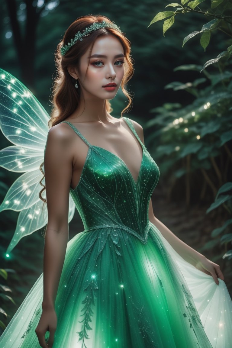masterpiece, ((fantasy)1.5 photography, high-quality imagery), (((Fairy))),Story, bride posing under a fairy tale, elaborate scene style, glitter, green, realistic style, 8k,exposure blend, medium shot, bokeh, (hdr:1.4), high contrast, (cinematic, green and white film), (muted colors, dim colors, soothing tones:1.3), low saturation, (hyperdetailed:1.2), (noir:0.4), (natural skin, skin pores, detailed skin), (intricate, vibrant, dramatic, sharp focus, dslr, Fujifilm XT3), bioluminescent dress