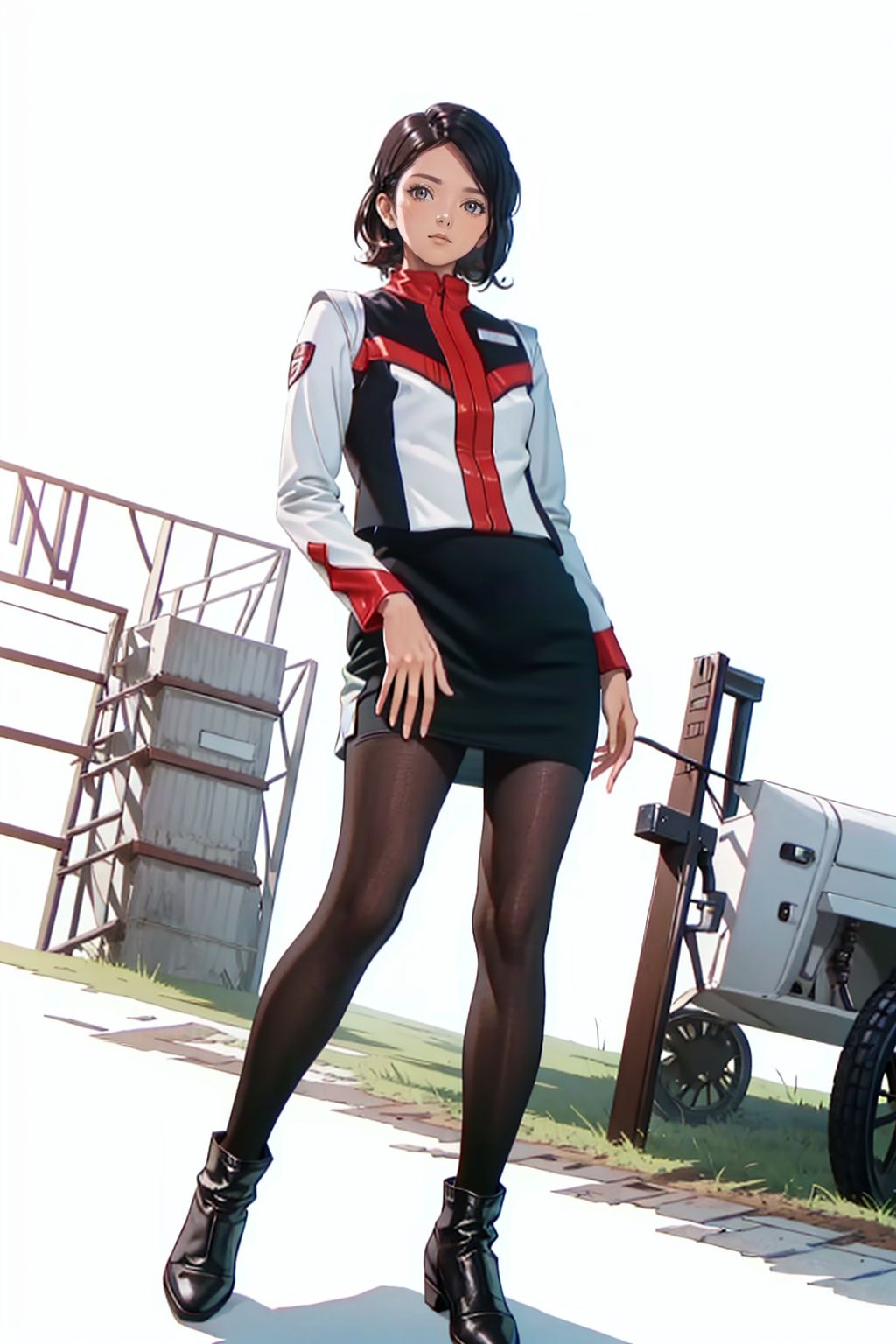  (masterpiece:1.3), (the best quality:1.2), (super fine illustrations:1.2), (Masterpiece), high quality, high detail,((white background:1.2)), looking at viewer, (SOLO:1.4),outline,,simple background,pantyhose,pencil skirt, skirt, jacket, uniform,armor, logo,military uniform,emblem,boots,belt, pantyhose