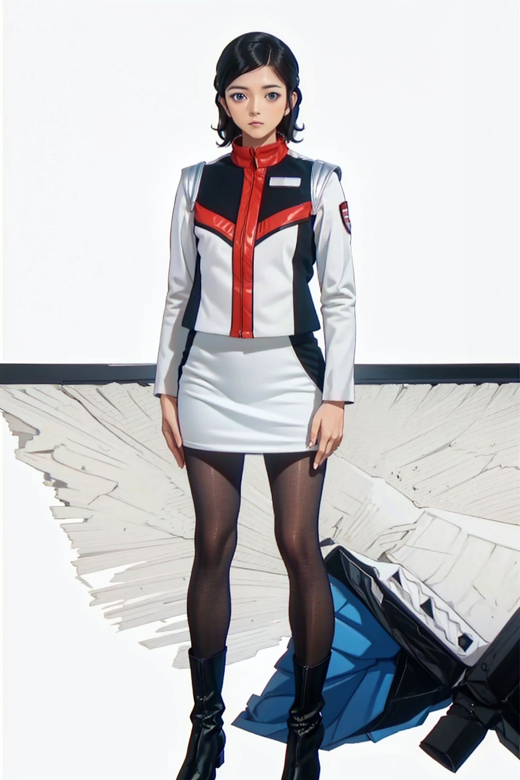 (masterpiece:1.3), (the best quality:1.2), (super fine illustrations:1.2), (Masterpiece), high quality, high detail,((white background:1.2)), looking at viewer, (SOLO:1.4),outline,,simple background,pantyhose,pencil skirt, skirt, jacket, uniform,armor, logo,military uniform,emblem,boots,belt, pantyhose