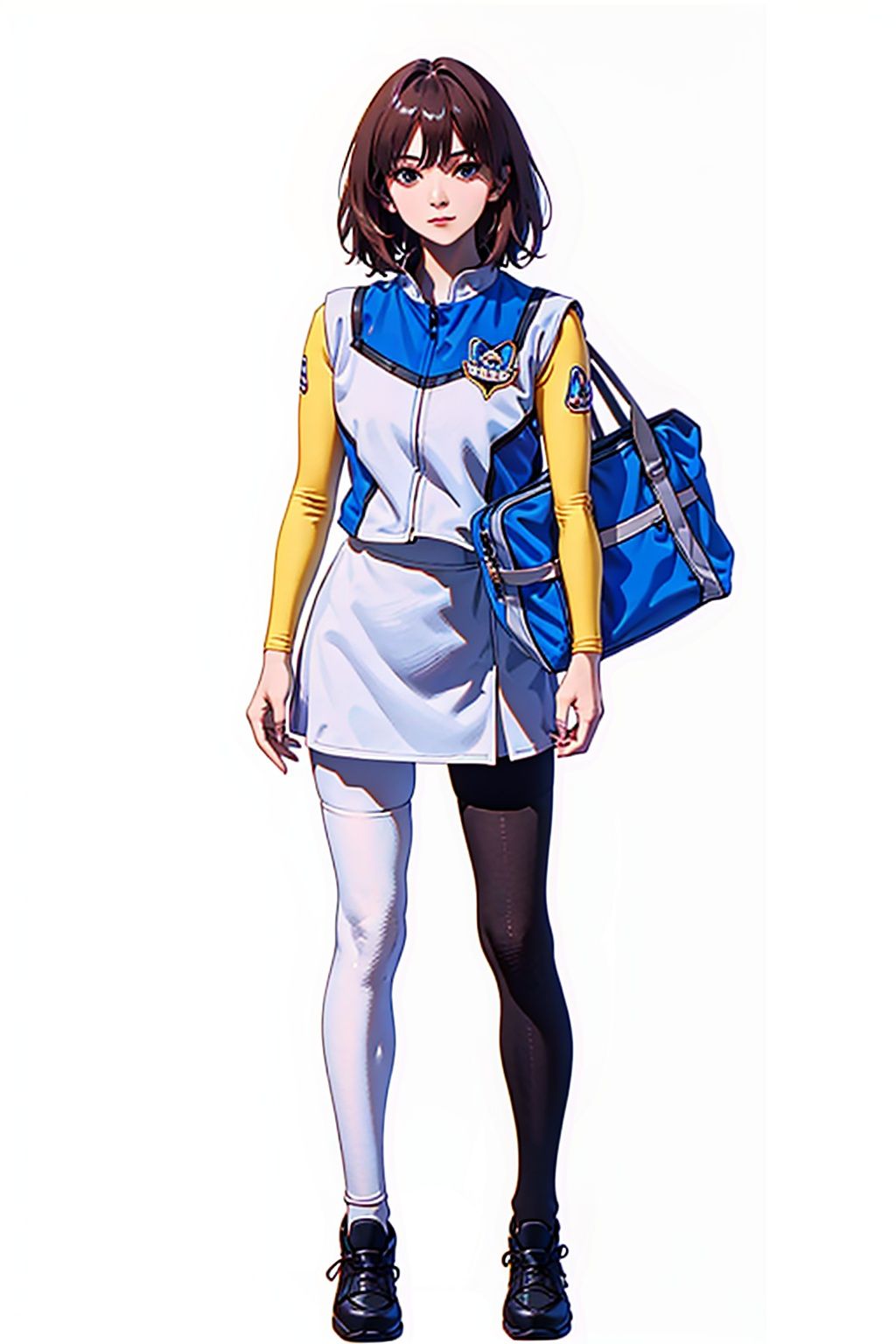  (masterpiece:1.3), (the best quality:1.2), (super fine illustrations:1.2), (Masterpiece), high quality, high detail,((white background:1.2)), looking at viewer, (SOLO:1.4),outline,,simple background,uniform,skirt, sleeveless, jacket, logo, emblem, black legwear, thighband pantyhose