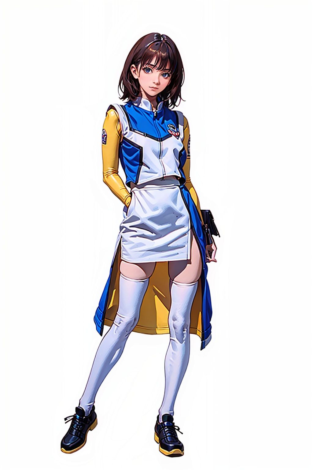  (masterpiece:1.3), (the best quality:1.2), (super fine illustrations:1.2), (Masterpiece), high quality, high detail,((white background:1.2)), looking at viewer, (SOLO:1.4),outline,,simple background,uniform,skirt, sleeveless, jacket, logo, emblem, black legwear, thighband pantyhose