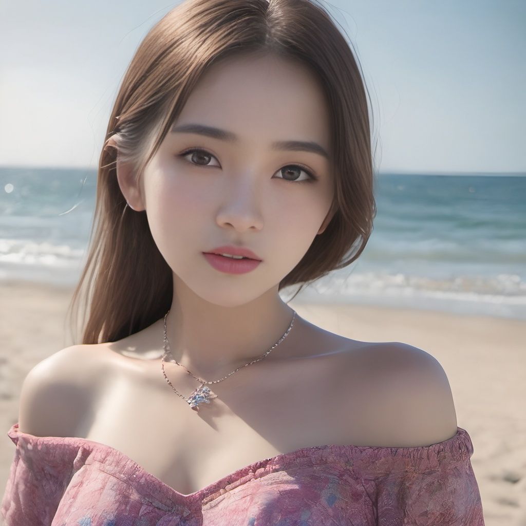 zgirl, 1girl, jewelry, solo, necklace, earrings, long hair, blurry background, brown hair, realistic, looking at viewer, outdoors, blurry, beach, day, sky, portrait, collarbone, lips, ocean