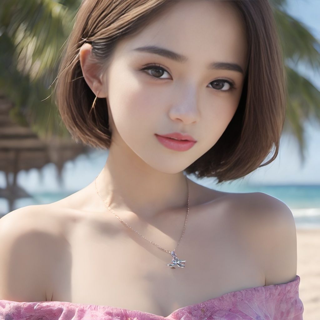zgirl, 1girl, jewelry, solo, necklace, earrings, long hair, blurry background, brown hair, realistic, looking at viewer, outdoors, blurry, beach, day, sky, portrait, collarbone, lips, ocean