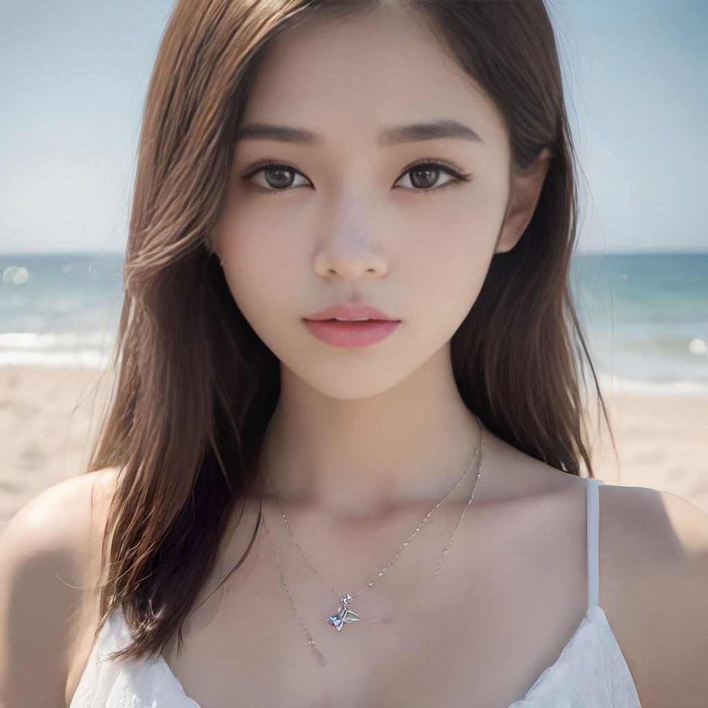 zgirl, 1girl, jewelry, solo, necklace, earrings, long hair, blurry background, brown hair, realistic, looking at viewer, outdoors, blurry, beach, day, sky, portrait, collarbone, lips, ocean