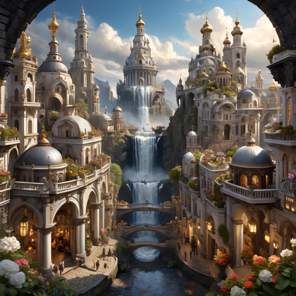 (Baroque painting),  busy white and black fantasy city divided into many levels and towers,  people on Tensor.Art