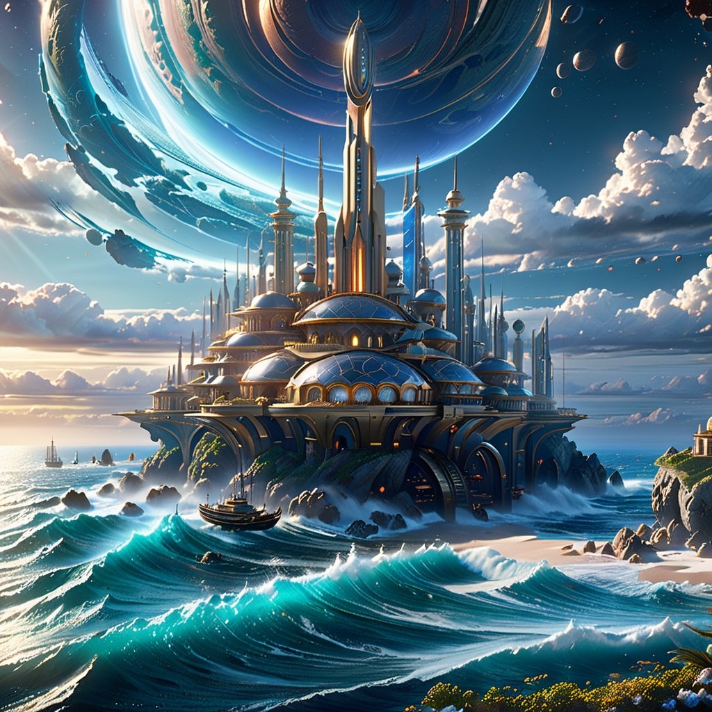 (A hyperdetailed Renaissance Sci-Fi Fantasy sculptured scfi world a detailed costal town on the ocean),  masterpiece,  hyp...