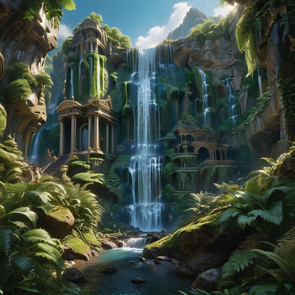 (In the distance Envision a picturesque waterfall cascading gracefully down a landscape sculpted in the style of High Rena...
