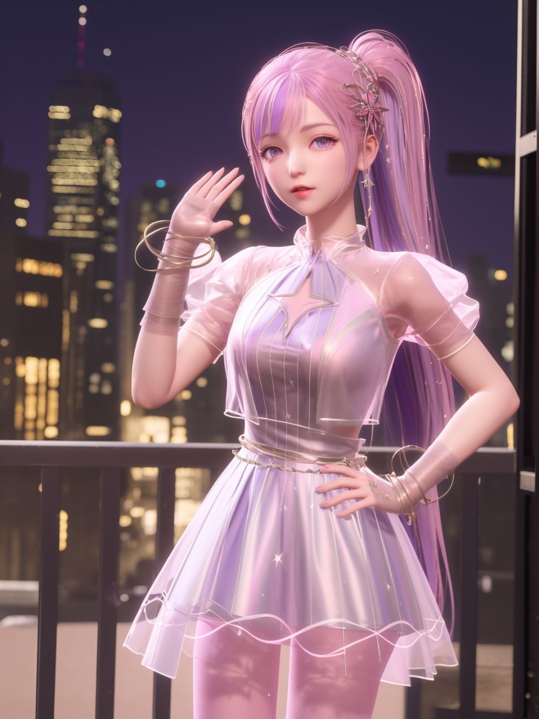 SYNNxingmengyingli, solo, 1girl, long hair, purple eyes, jewelry, pantyhose, bracelet, ponytail, pink hair, hair ornament,dress,see-through,gloves,looking at viewer, clothing cutout,<lora:SYNNxingmengyingli:0.75>,cityscape, night, mature female, cowboy shot, hand on hip,