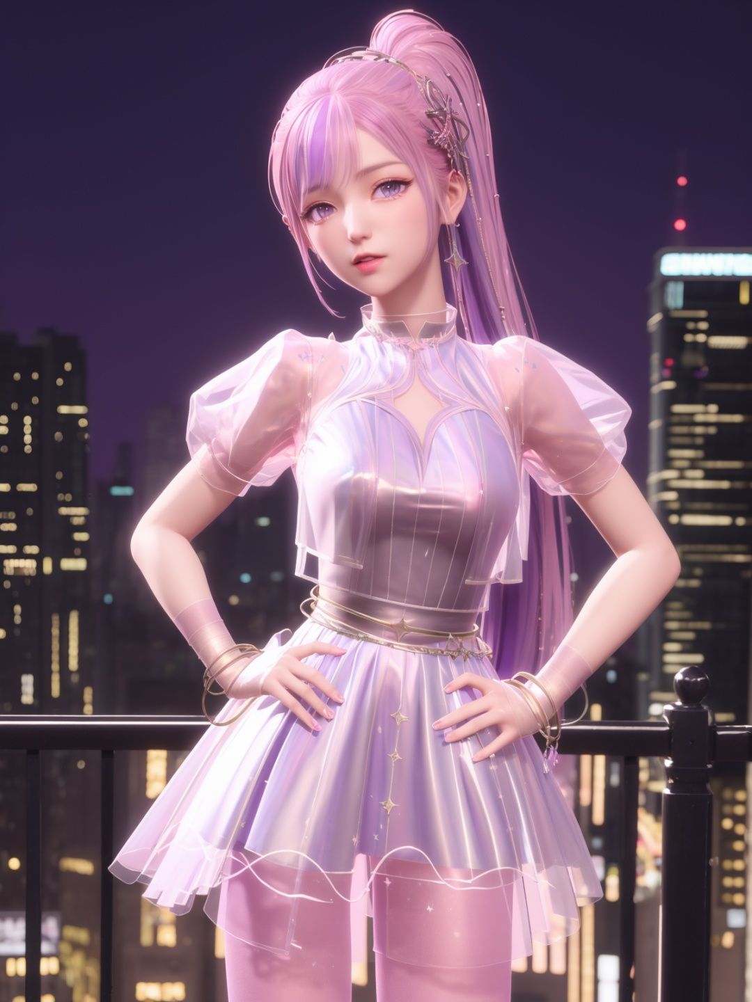 SYNNxingmengyingli, solo, 1girl, long hair, purple eyes, jewelry, pantyhose, bracelet, ponytail, pink hair, hair ornament,dress,see-through,gloves,looking at viewer, clothing cutout,<lora:SYNNxingmengyingli:0.75>,cityscape, night, mature female, cowboy shot, hand on hip,