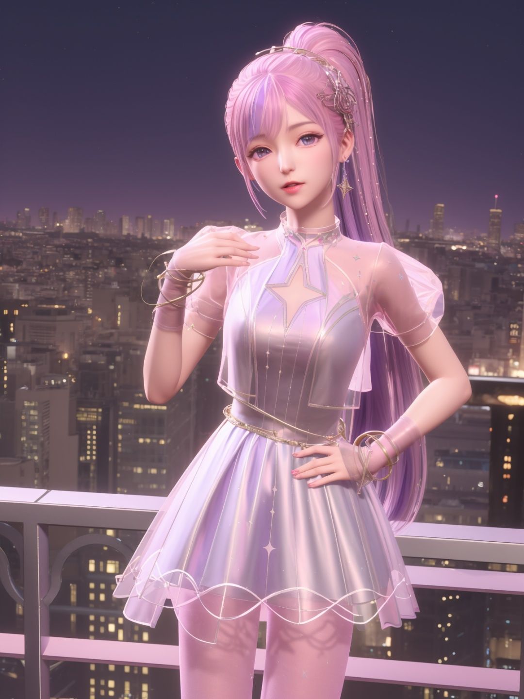 SYNNxingmengyingli, solo, 1girl, long hair, purple eyes, jewelry, pantyhose, bracelet, ponytail, pink hair, hair ornament,dress,see-through,gloves,looking at viewer, clothing cutout,<lora:SYNNxingmengyingli:0.75>,cityscape, night, mature female, cowboy shot, hand on hip,
