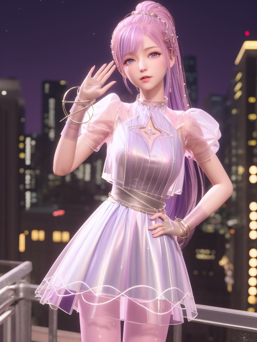 SYNNxingmengyingli, solo, 1girl, long hair, purple eyes, jewelry, pantyhose, bracelet, ponytail, pink hair, hair ornament,dress,see-through,gloves,looking at viewer, clothing cutout,<lora:SYNNxingmengyingli:0.75>,cityscape, night, mature female, cowboy shot, hand on hip,